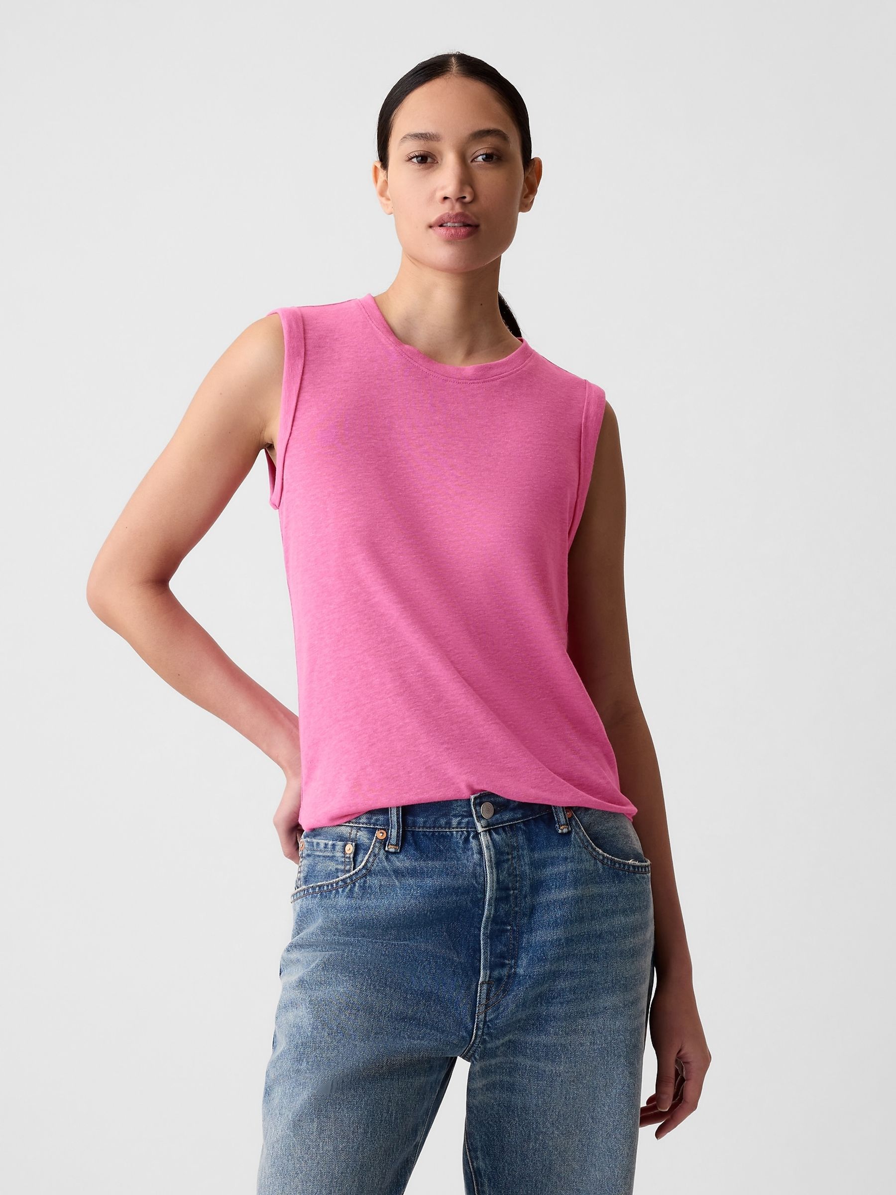 Pink Linen Blend Sleeveless Tank Top - Image 1 of 2