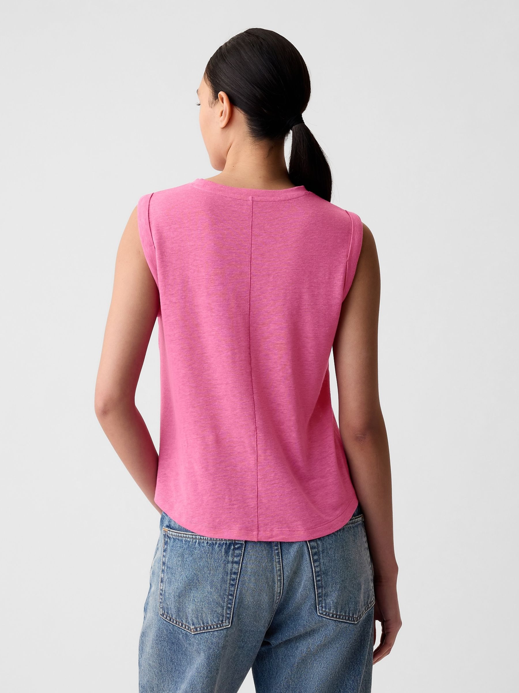 Pink Linen Blend Sleeveless Tank Top - Image 2 of 2