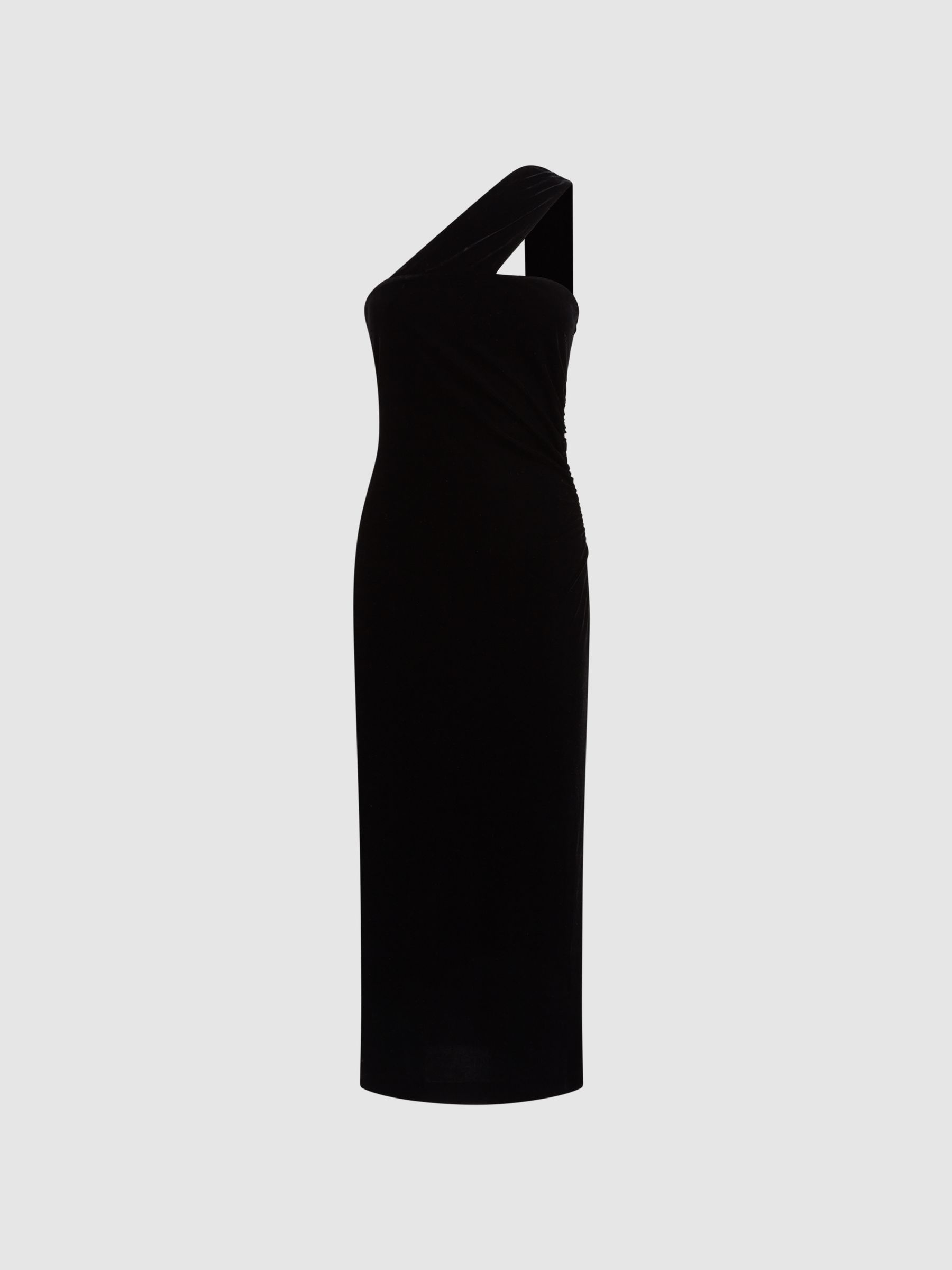 Velvet One-Shoulder Midi Dress in Black - Image 2 of 4