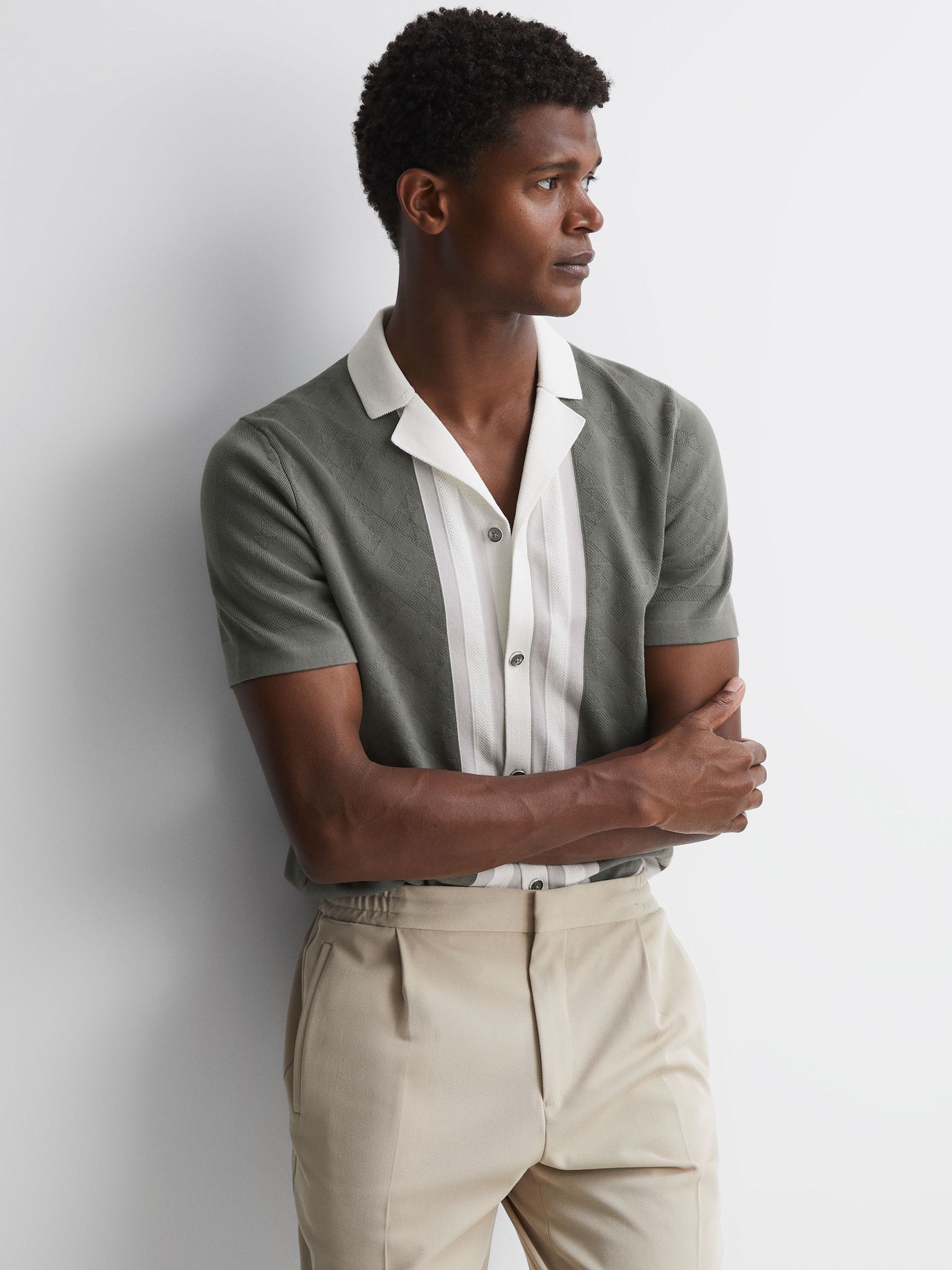 Cotton Knitted Cuban Collar Shirt in Sage - Image 1 of 5