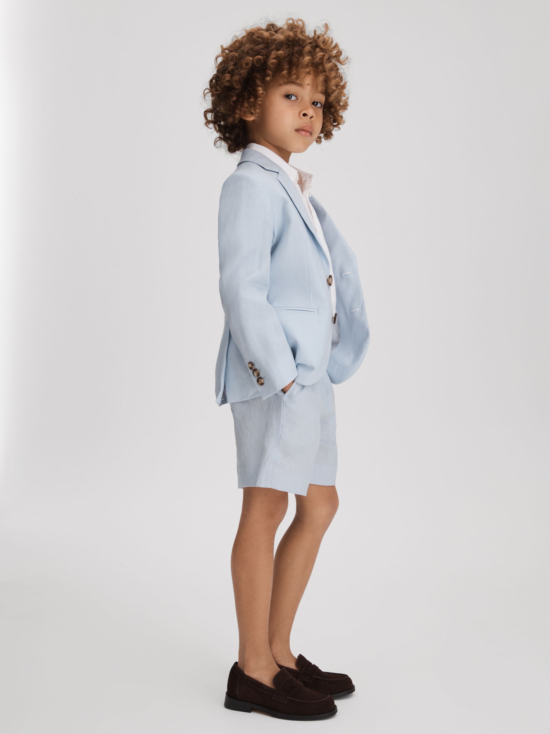 3-9 yrs Slim Fit Linen Adjustable Shorts in Soft Blue - Image 3 of 4