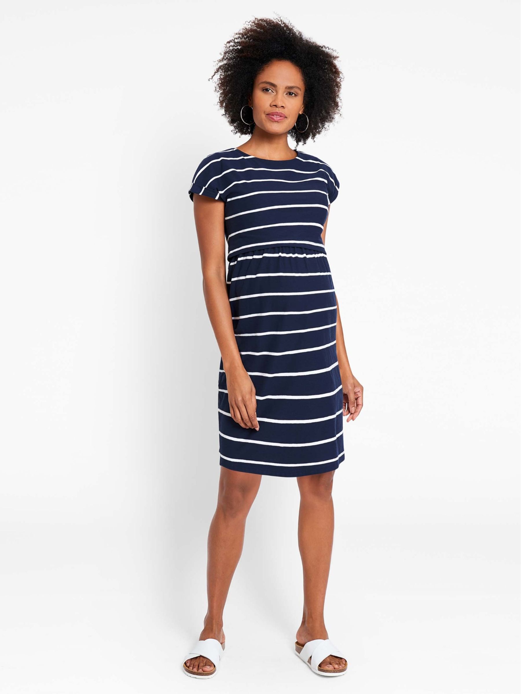 Navy White Stripe Summer Breton Maternity & Nursing Tunic Dress - Image 2 of 5