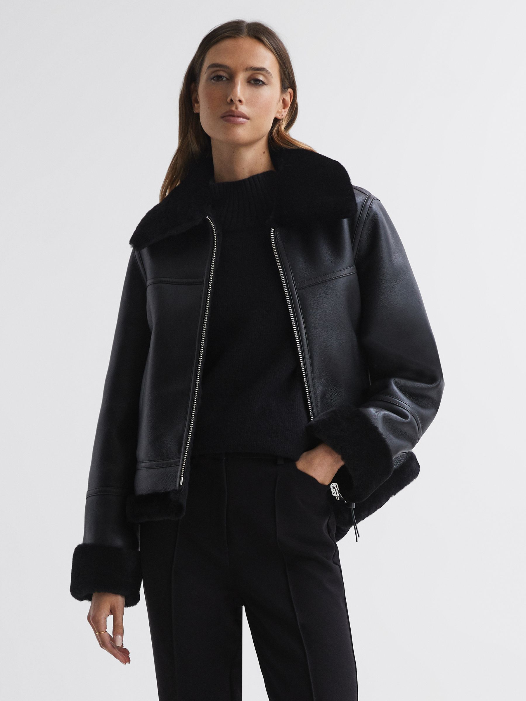 Reversible Leather Shearling Zip-Through Jacket in Black - Image 1 of 9