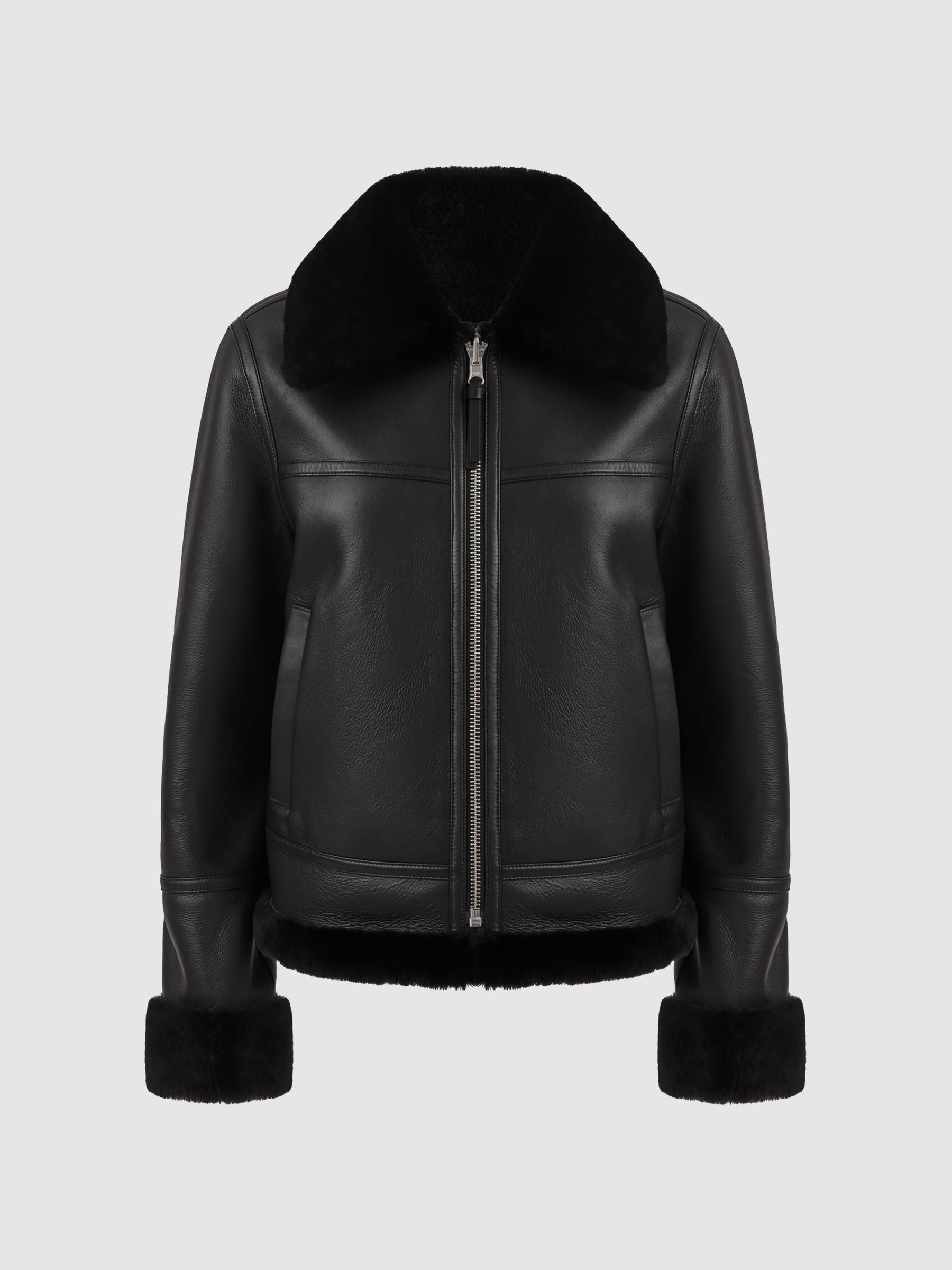Reversible Leather Shearling Zip-Through Jacket in Black - Image 2 of 9