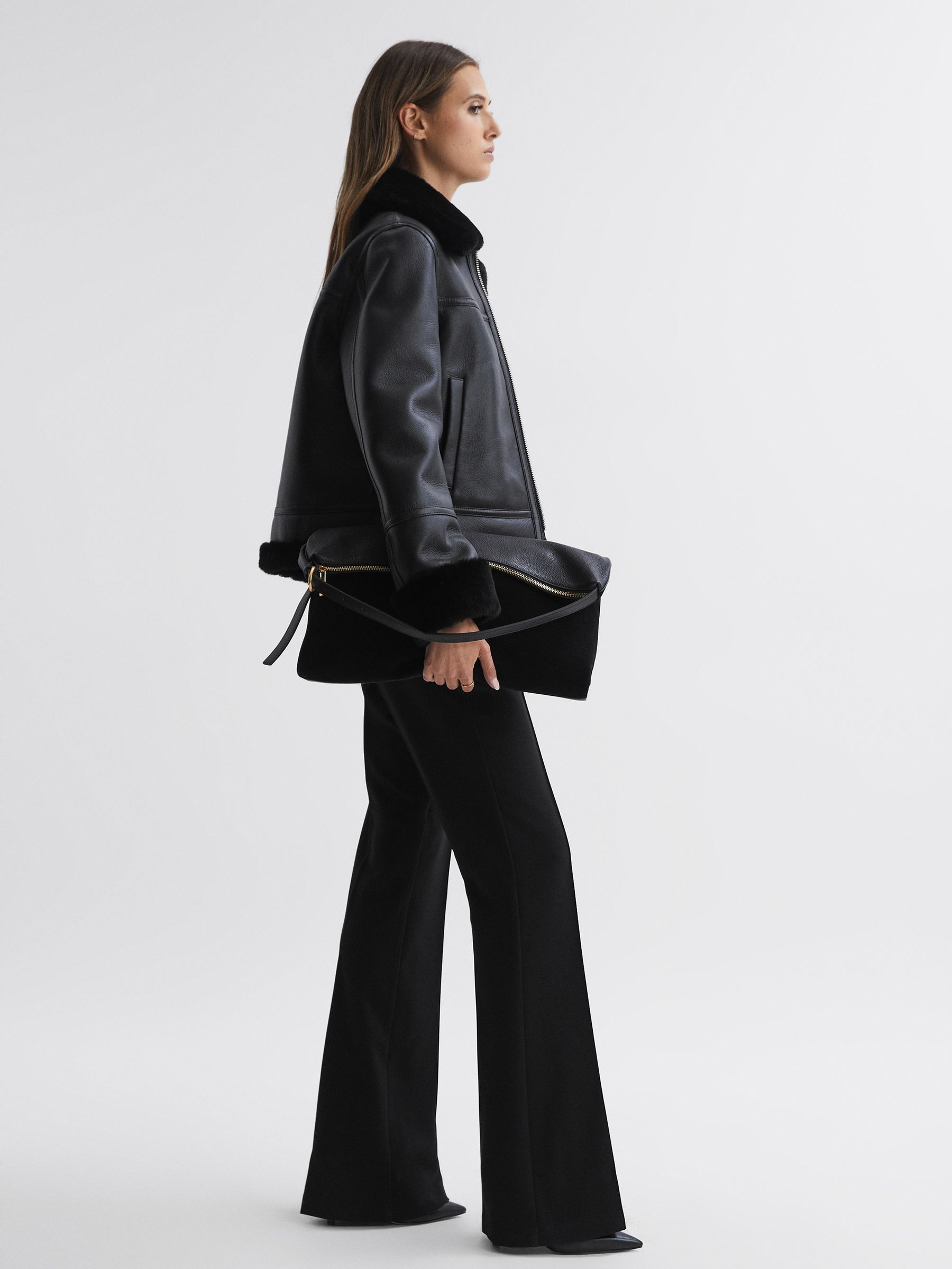 Reversible Leather Shearling Zip-Through Jacket in Black - Image 3 of 9