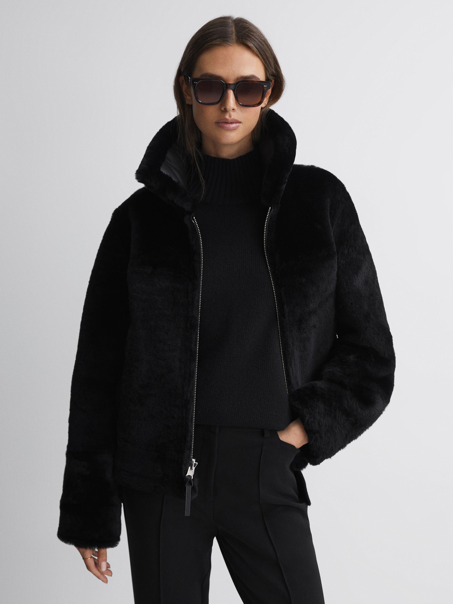 Reversible Leather Shearling Zip-Through Jacket in Black - Image 4 of 9