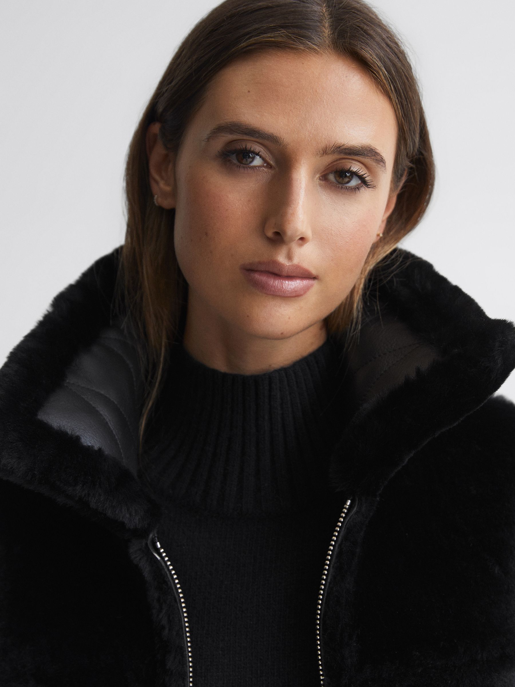 Reiss Reversible Leather Shearling Zip-Through Jacket in