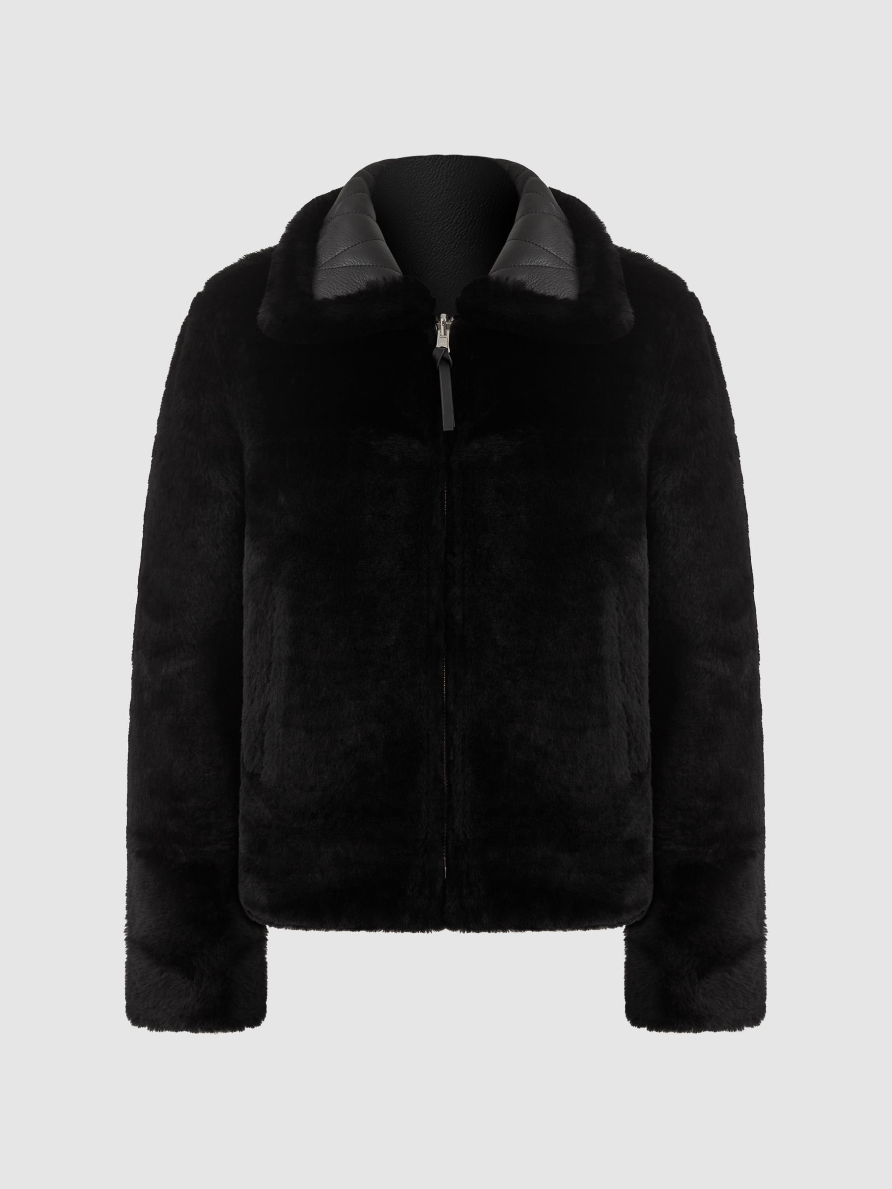 Reversible Leather Shearling Zip-Through Jacket in Black - Image 9 of 9