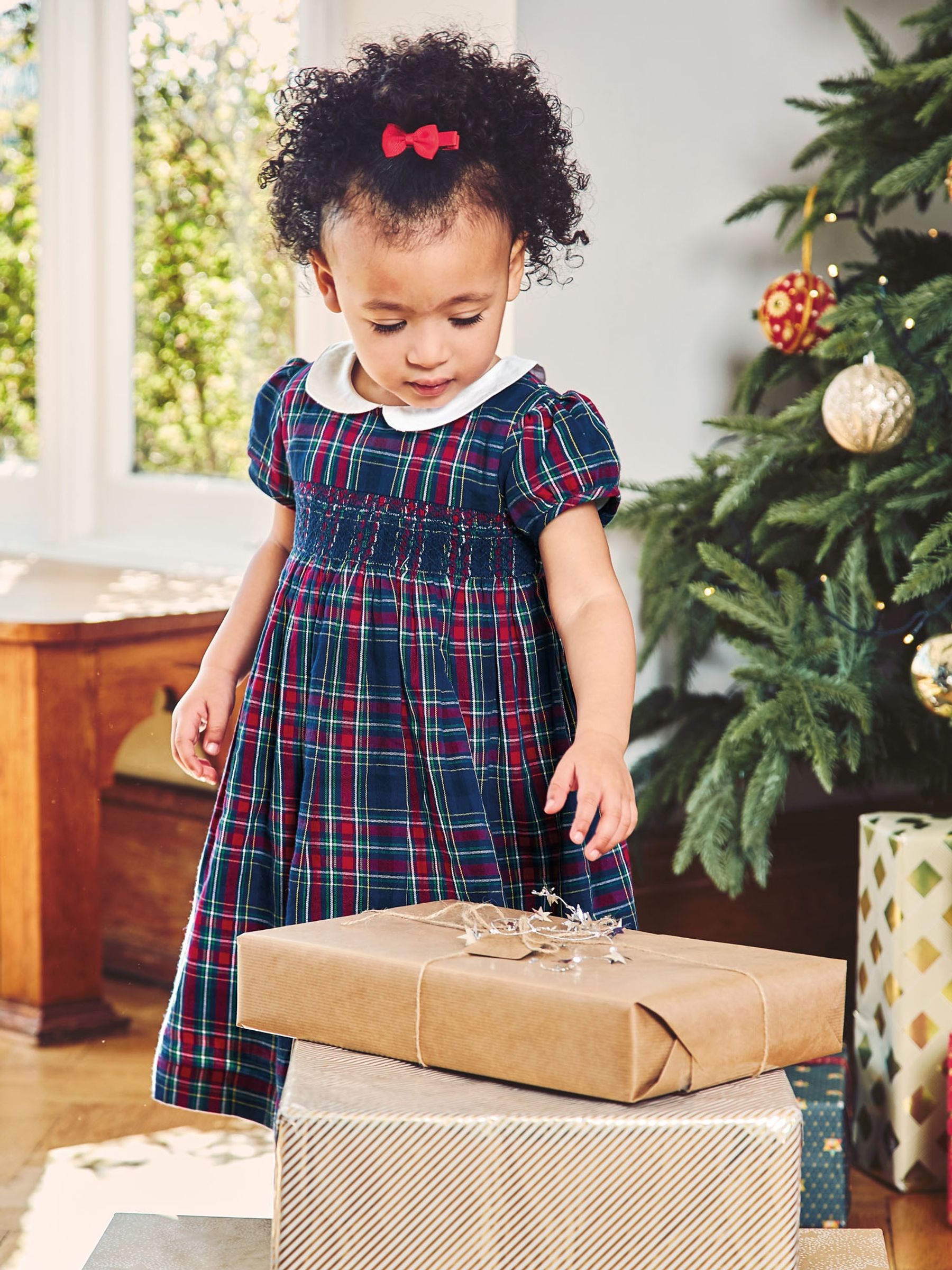 Smocked Tartan Party Dress in Navy - Image 3 of 3