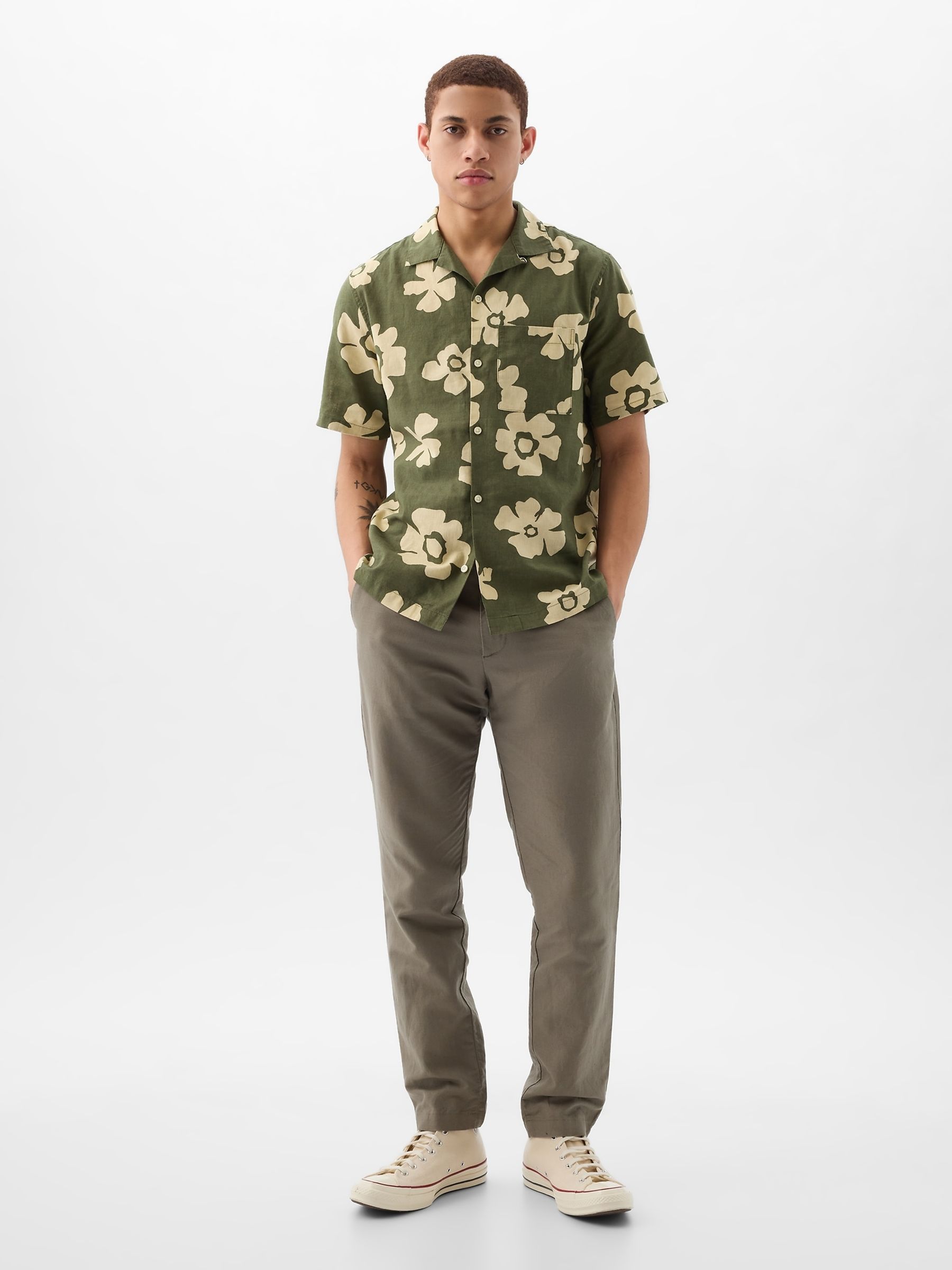 Green Linen-Cotton Blend Short Sleeve Shirt - Image 3 of 4