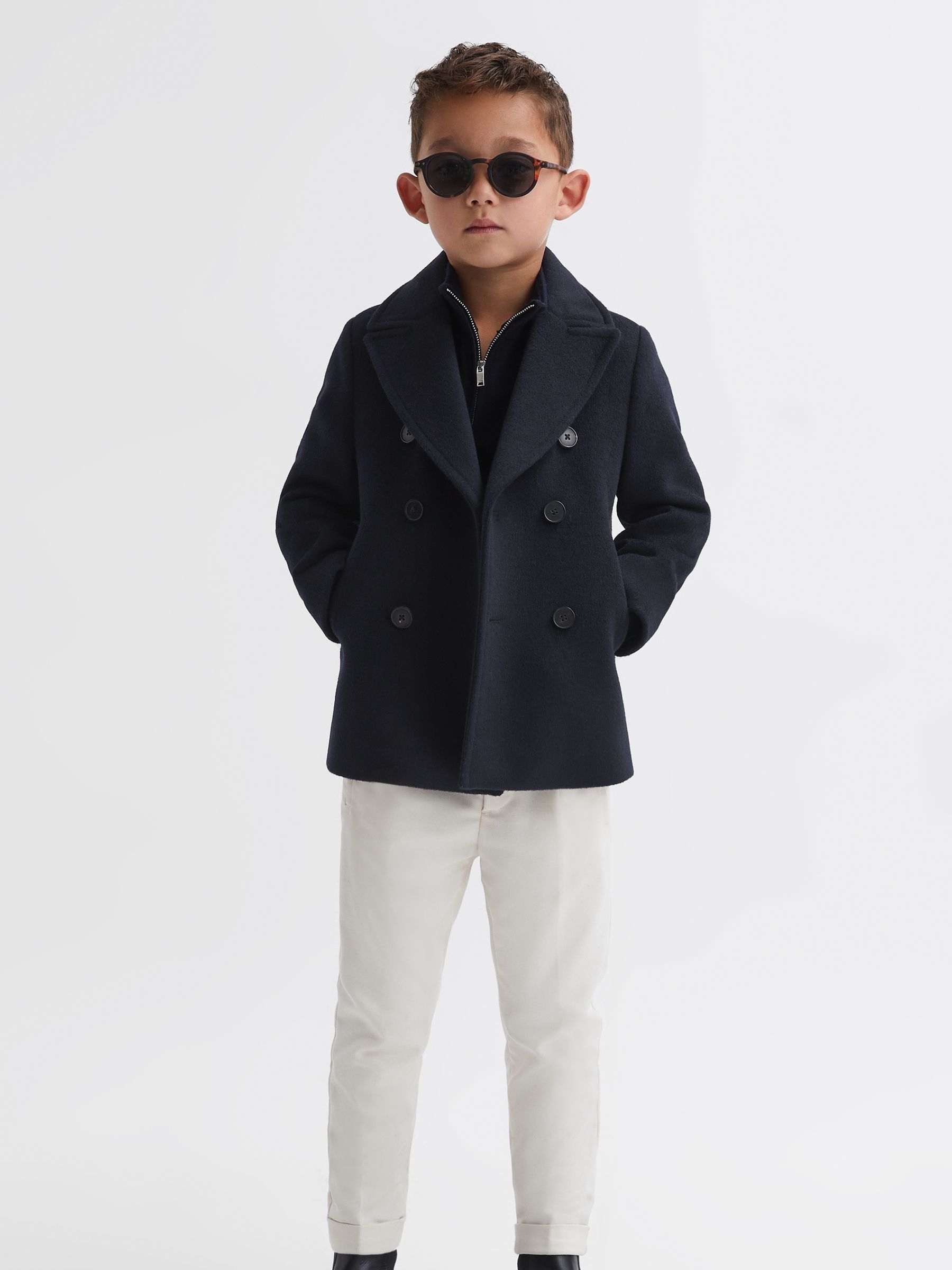 9-13 yrs Wool-Blend Twill Double-Breasted Coat in Navy - Image 3 of 6