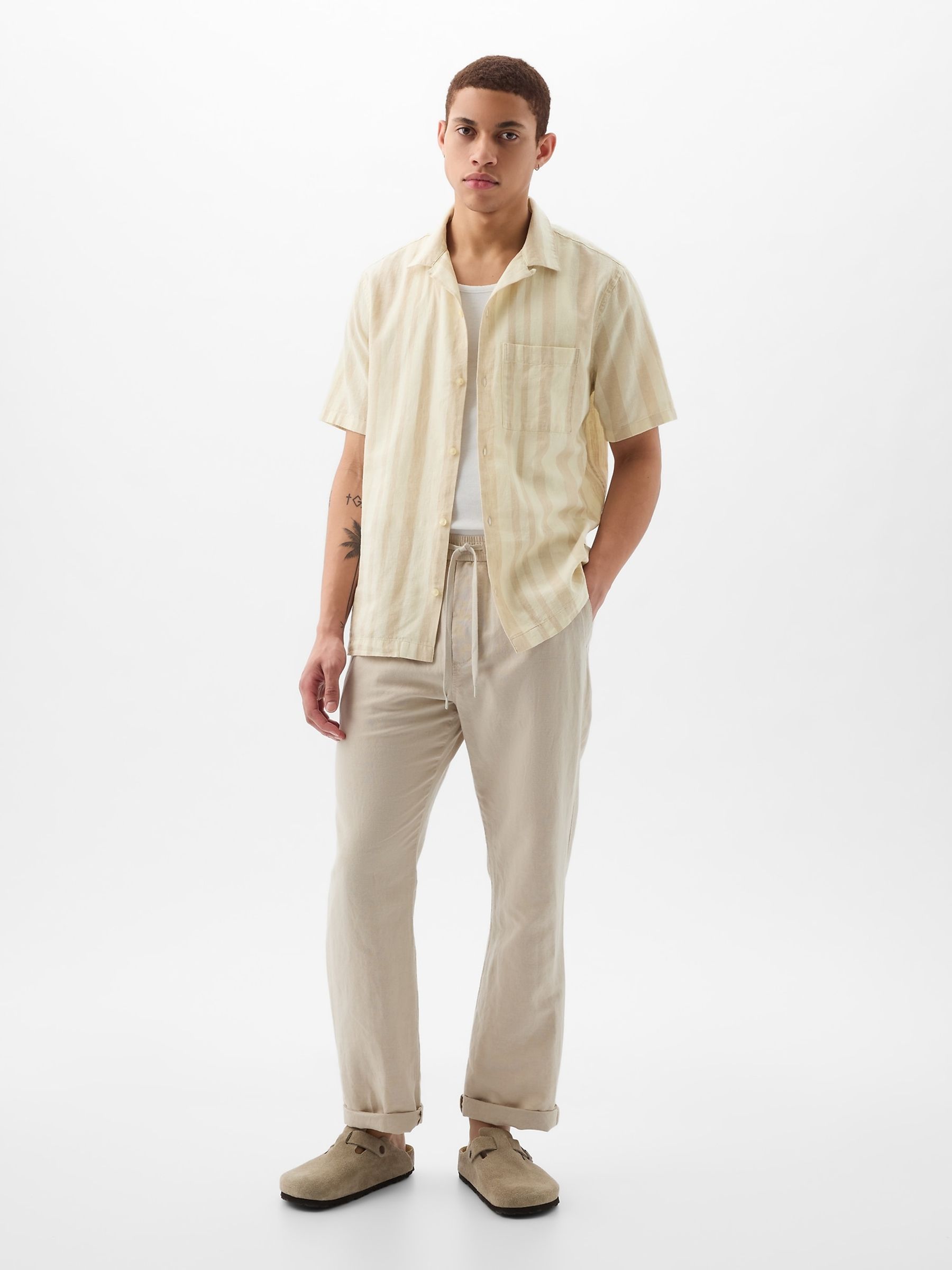 Neutral Linen-Cotton Blend Short Sleeve Shirt - Image 3 of 4