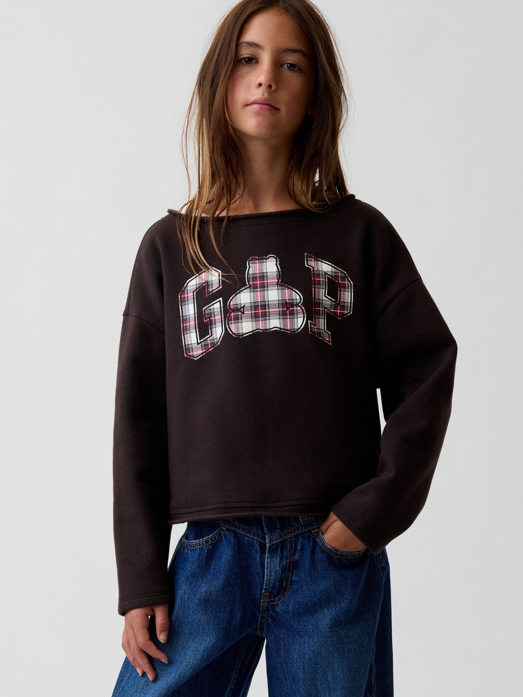 Brown Check Vintage Soft Rolled Neck Off-Shoulder Logo Sweatshirt - Image 1 of 5 Brown Check Vintage Soft Rolled Neck Off-Shoulder Logo Sweatshirt - Image 1 of 5