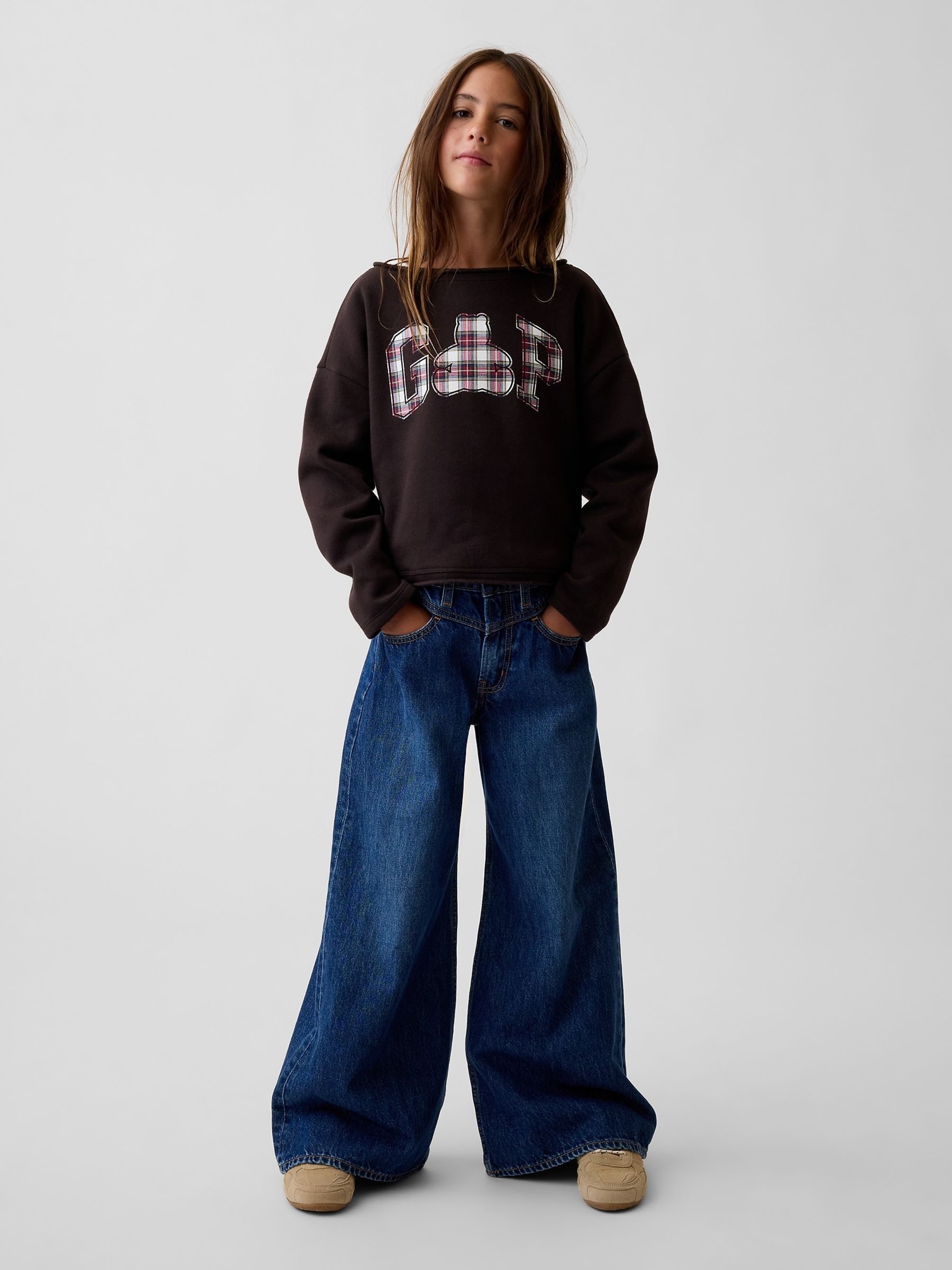 Brown Check Vintage Soft Rolled Neck Off-Shoulder Logo Sweatshirt - Image 3 of 5