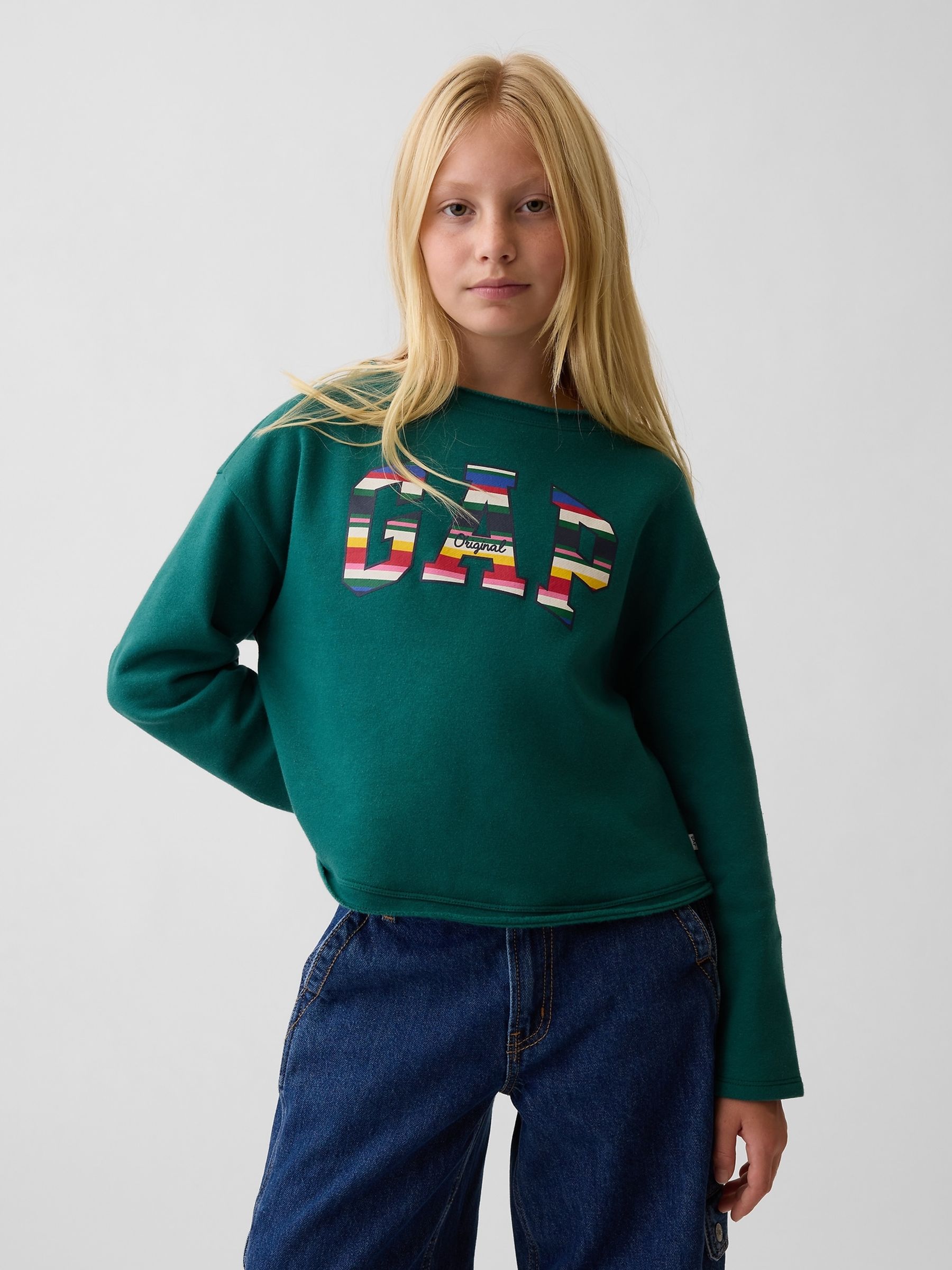 Green & Mulit Stripe Vintage Soft Rolled Neck Off-Shoulder Logo Sweatshirt - Image 1 of 5