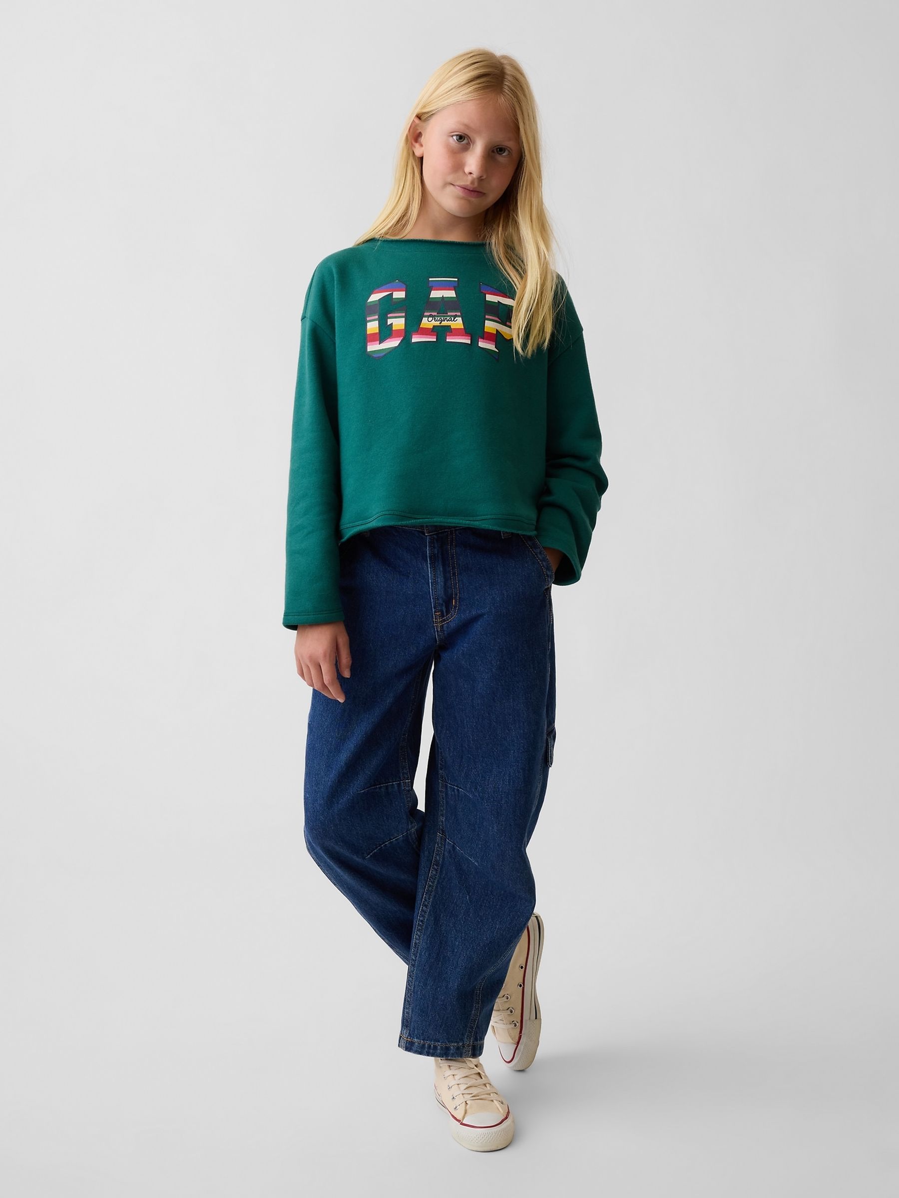 Green & Mulit Stripe Vintage Soft Rolled Neck Off-Shoulder Logo Sweatshirt - Image 3 of 5