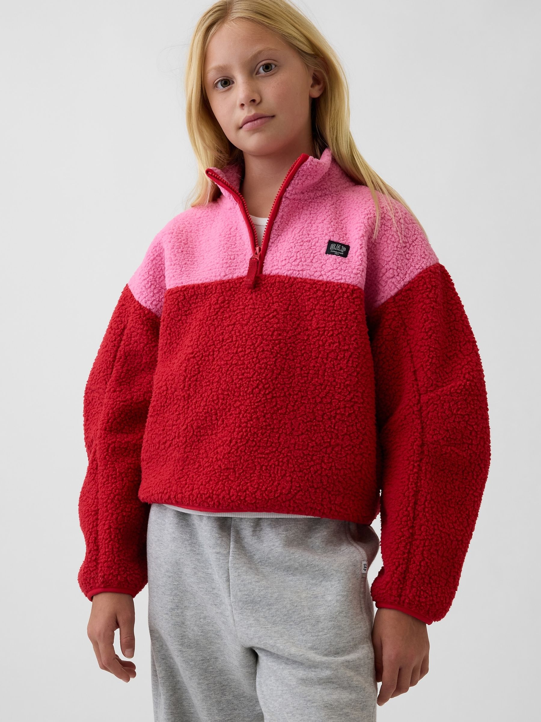 Red & Pink Sherpa Quarter-Zip Fleece - Image 1 of 4 Red & Pink Sherpa Quarter-Zip Fleece - Image 1 of 4