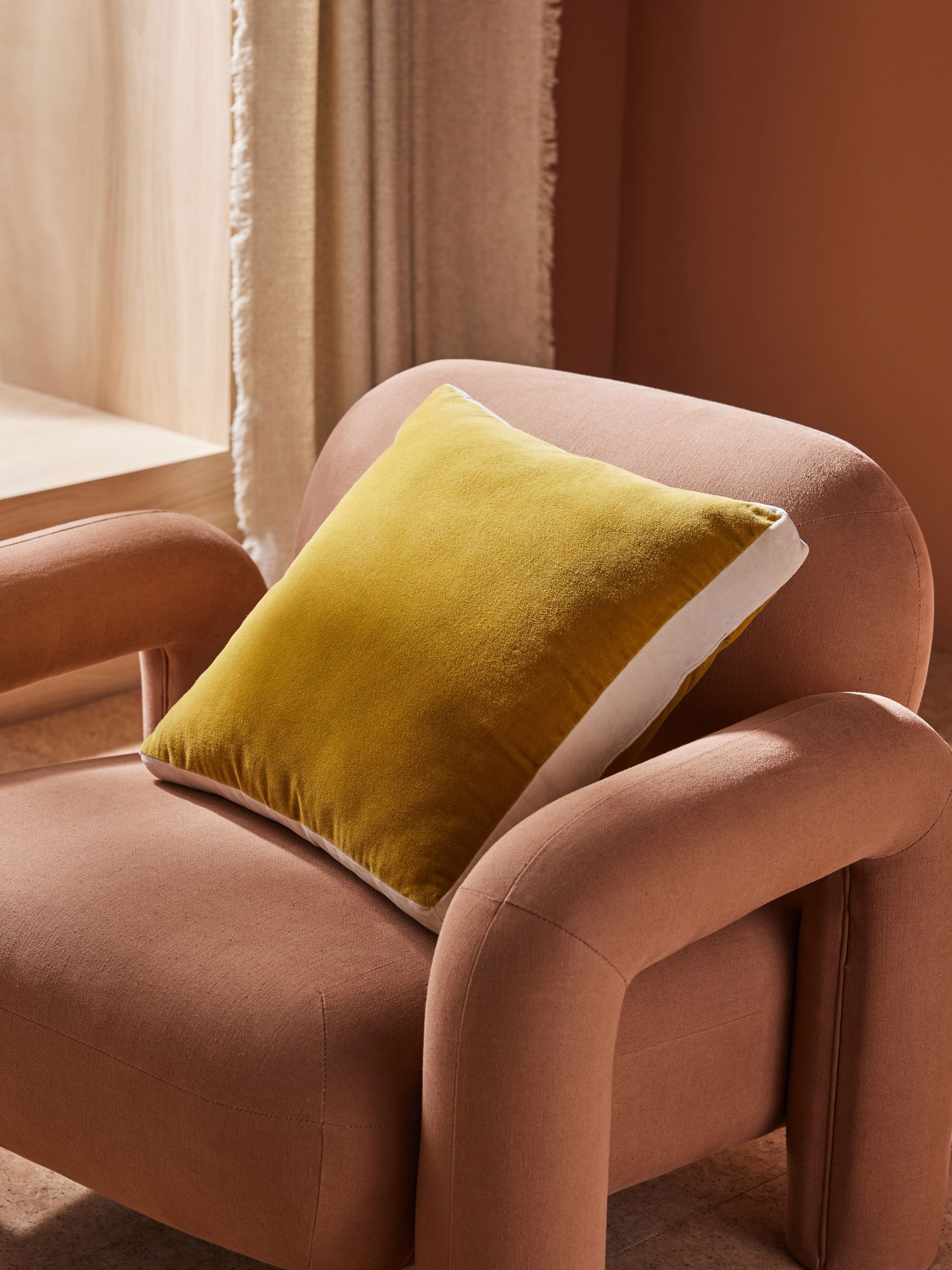 Petra Cotton Velvet Boxy Cushion in Ochre - Image 1 of 4