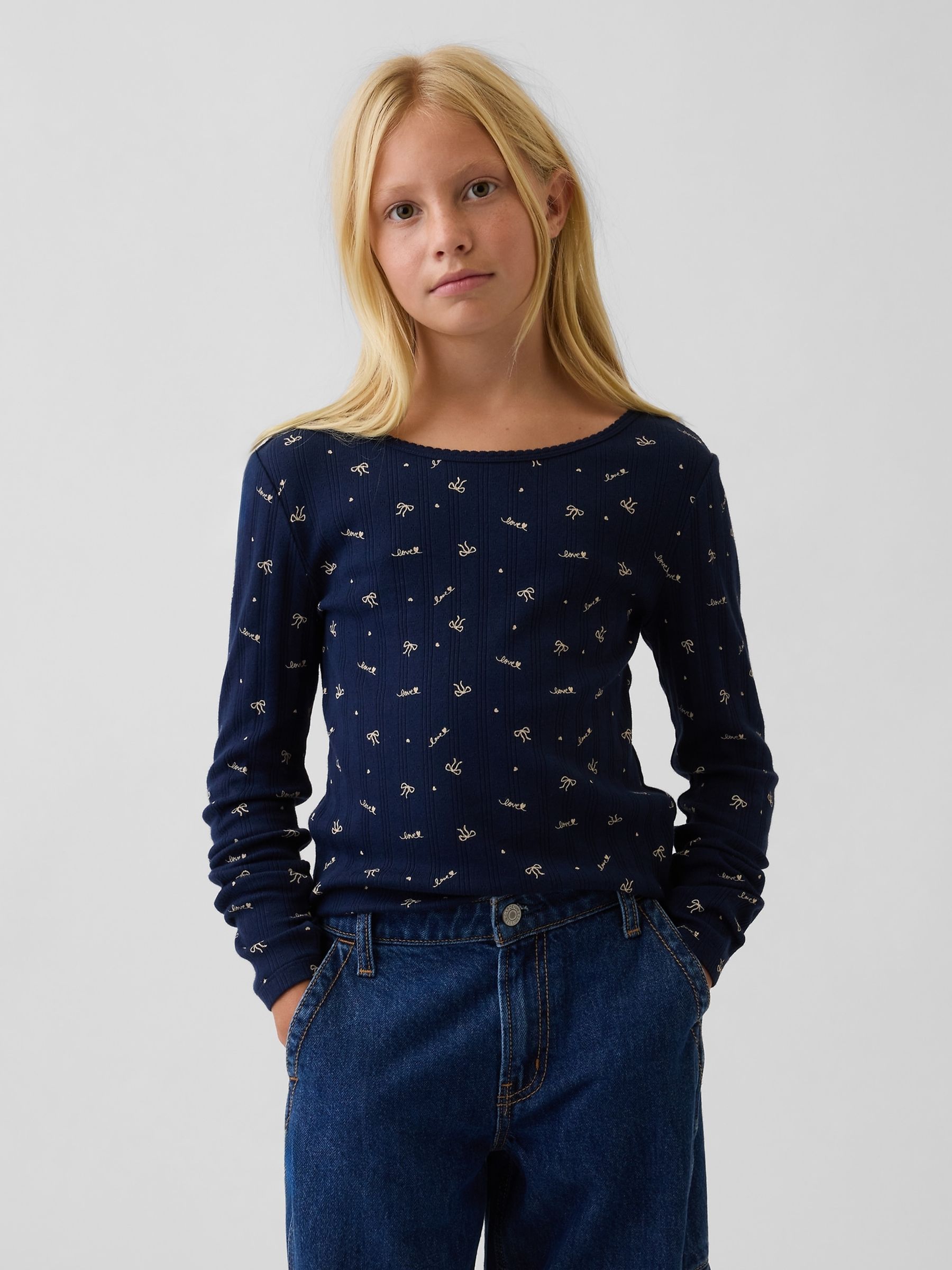 Navy Bow Pointelle Long Sleeve T-Shirt - Image 1 of 4