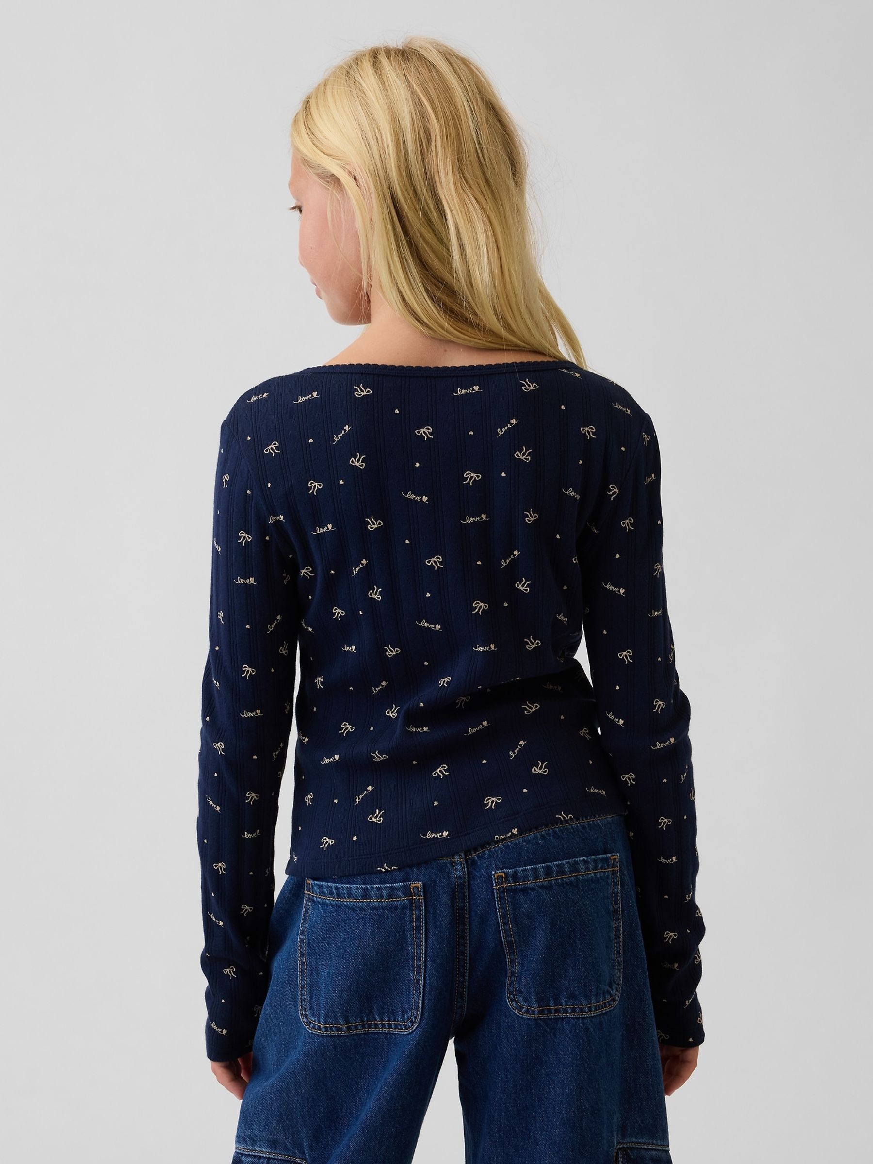 Navy Bow Pointelle Long Sleeve T-Shirt - Image 2 of 4 Navy Bow Pointelle Long Sleeve T-Shirt - Image 2 of 4