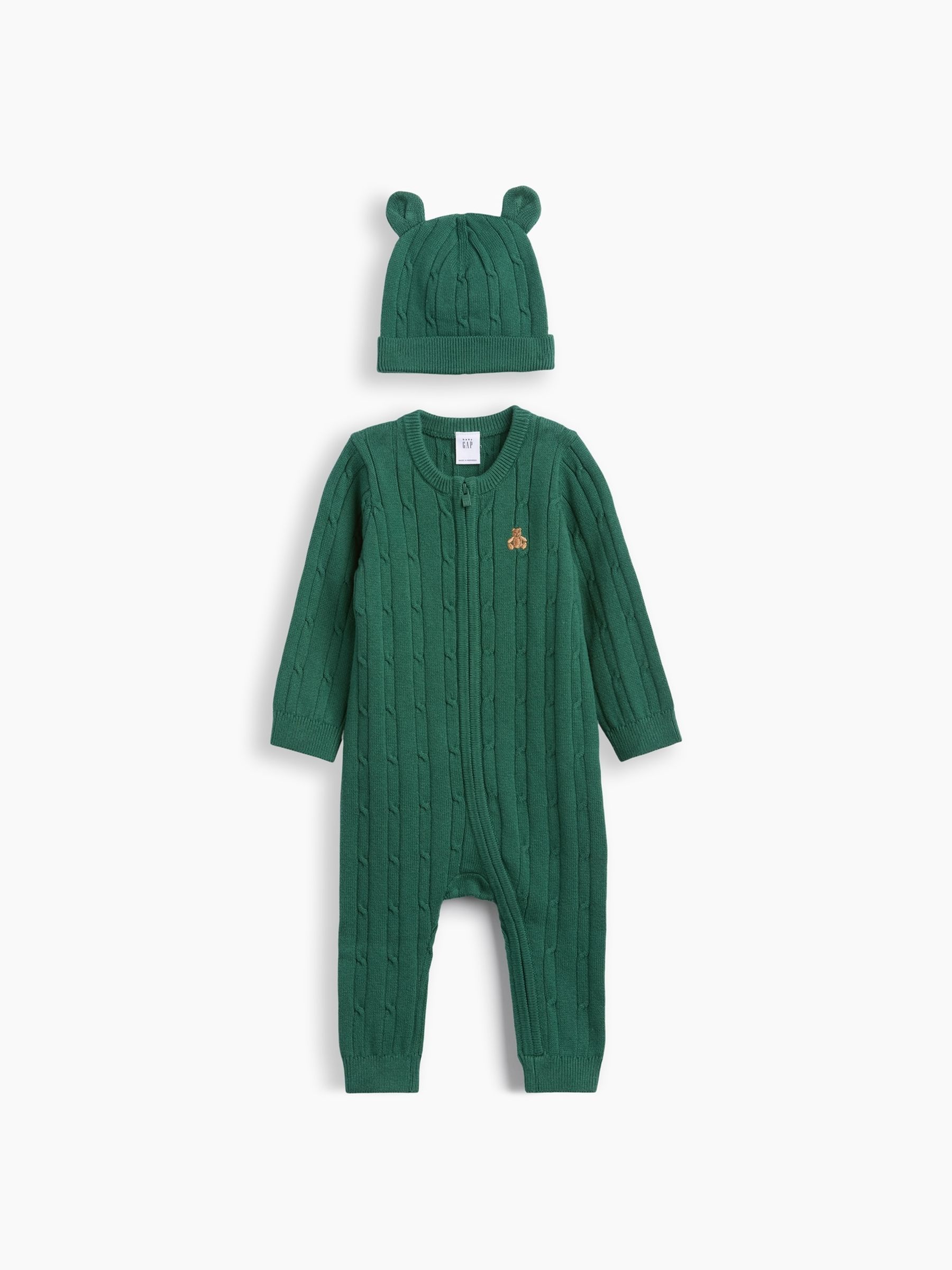 Green Cable Knitted Zip-Up All in One & Hat Set - Image 1 of 2