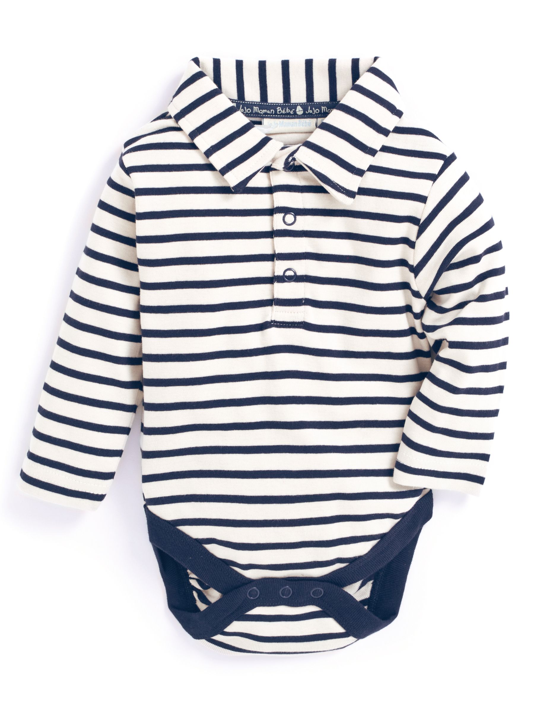 Ecru Navy Breton Stripe Plain Long Sleeve Polo Shirt Bodysuit - Image 1 of 4