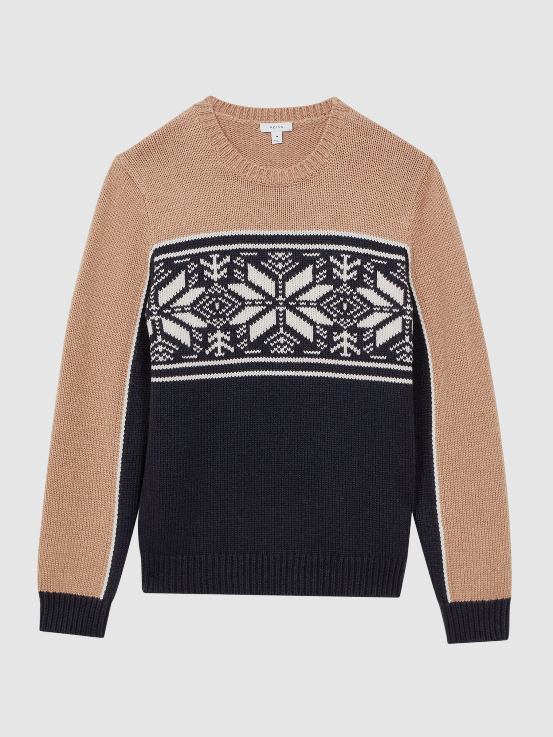 Fairisle Pattern Crew Neck Jumper in Navy/Camel