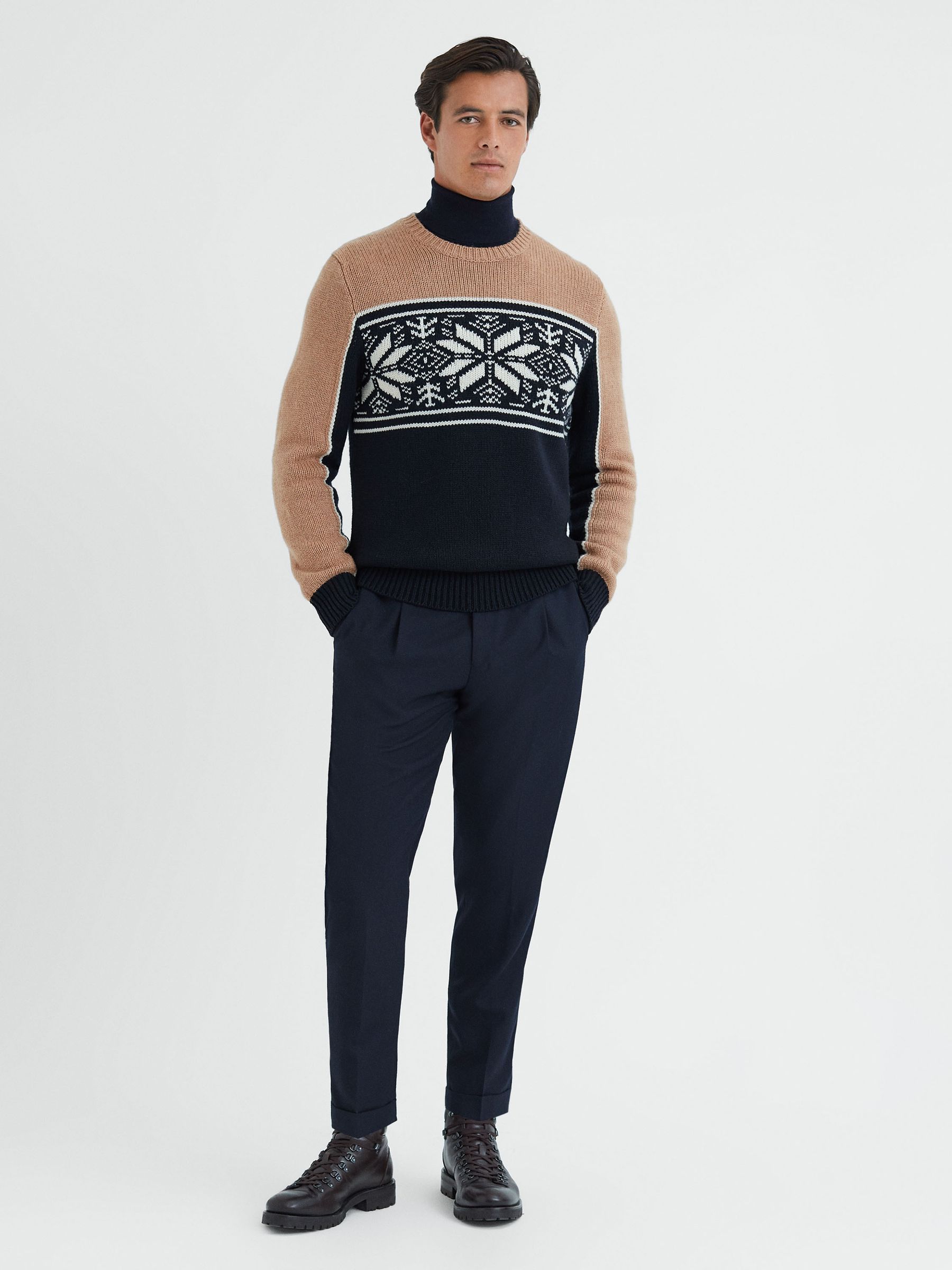 Fairisle Pattern Crew Neck Jumper in Navy/Camel - Image 3 of 4