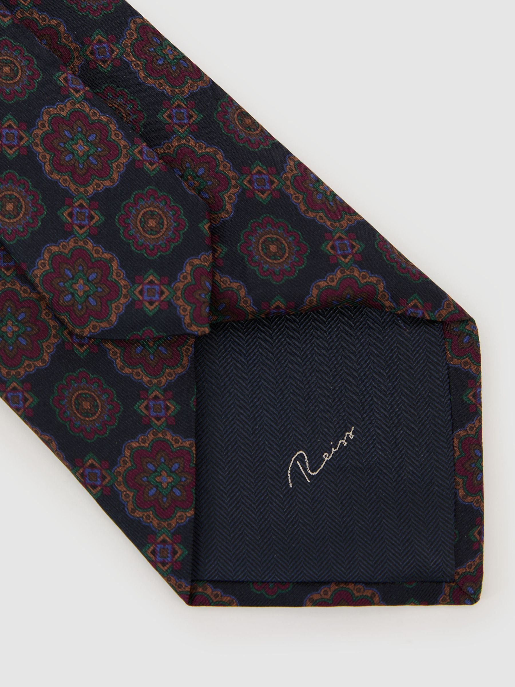 Silk Floral Medallion-Print Tie in Navy - Image 4 of 5