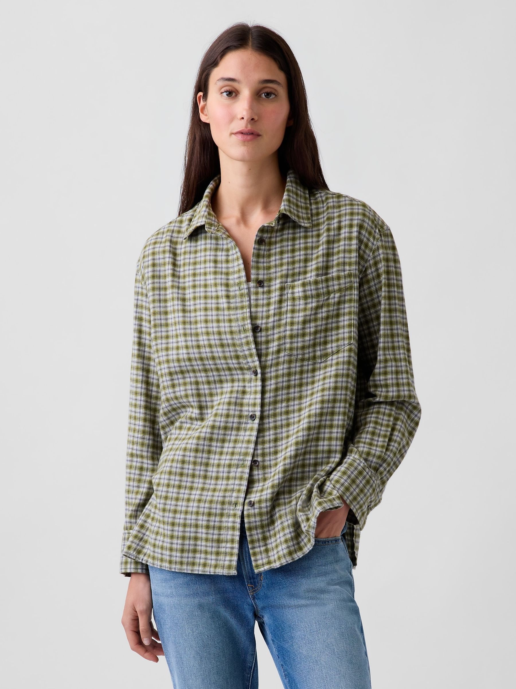 Green Check Oversized Straight-Hem Flannel Shirt - Image 1 of 4