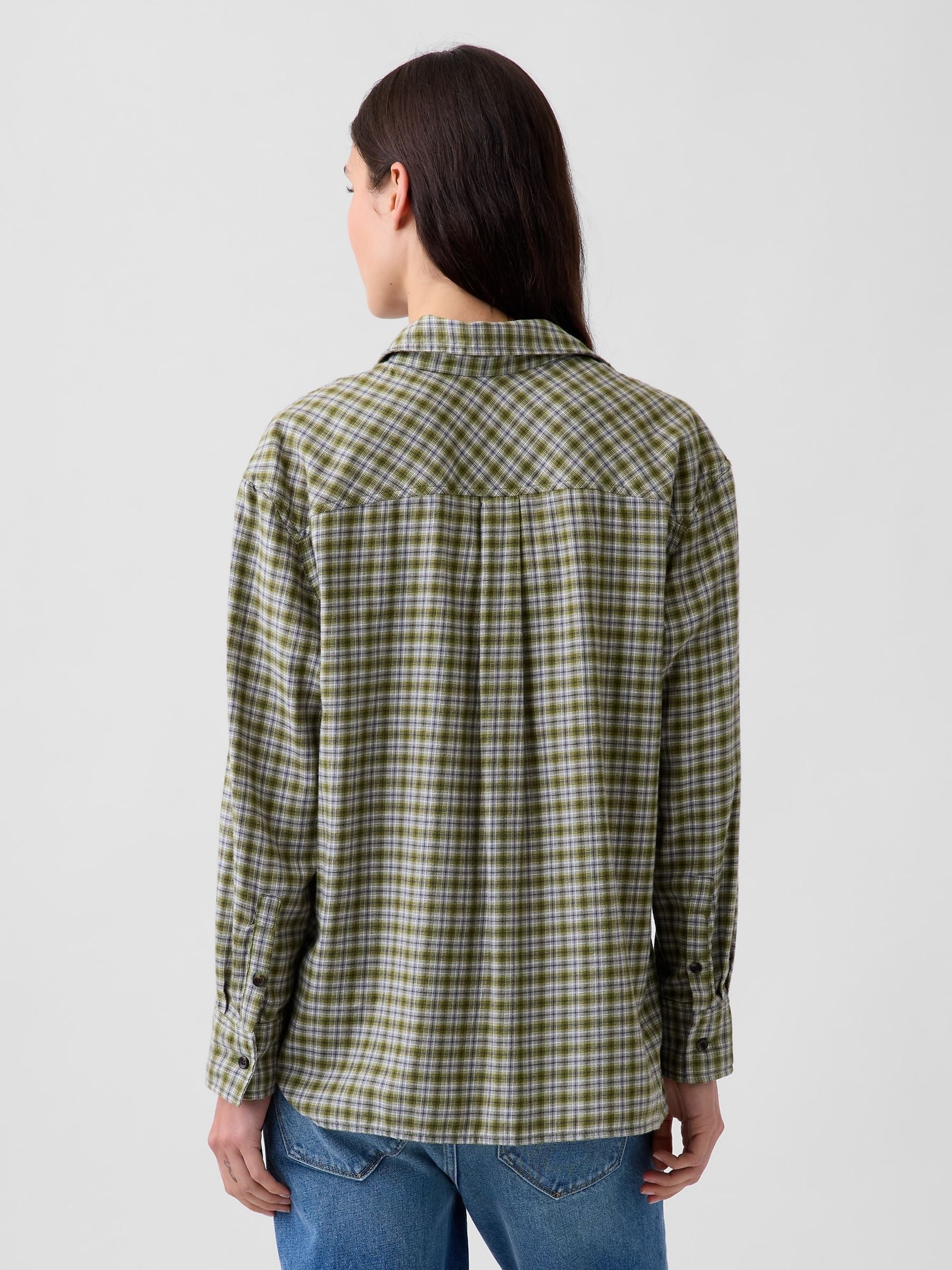 Green Check Oversized Straight-Hem Flannel Shirt - Image 2 of 4