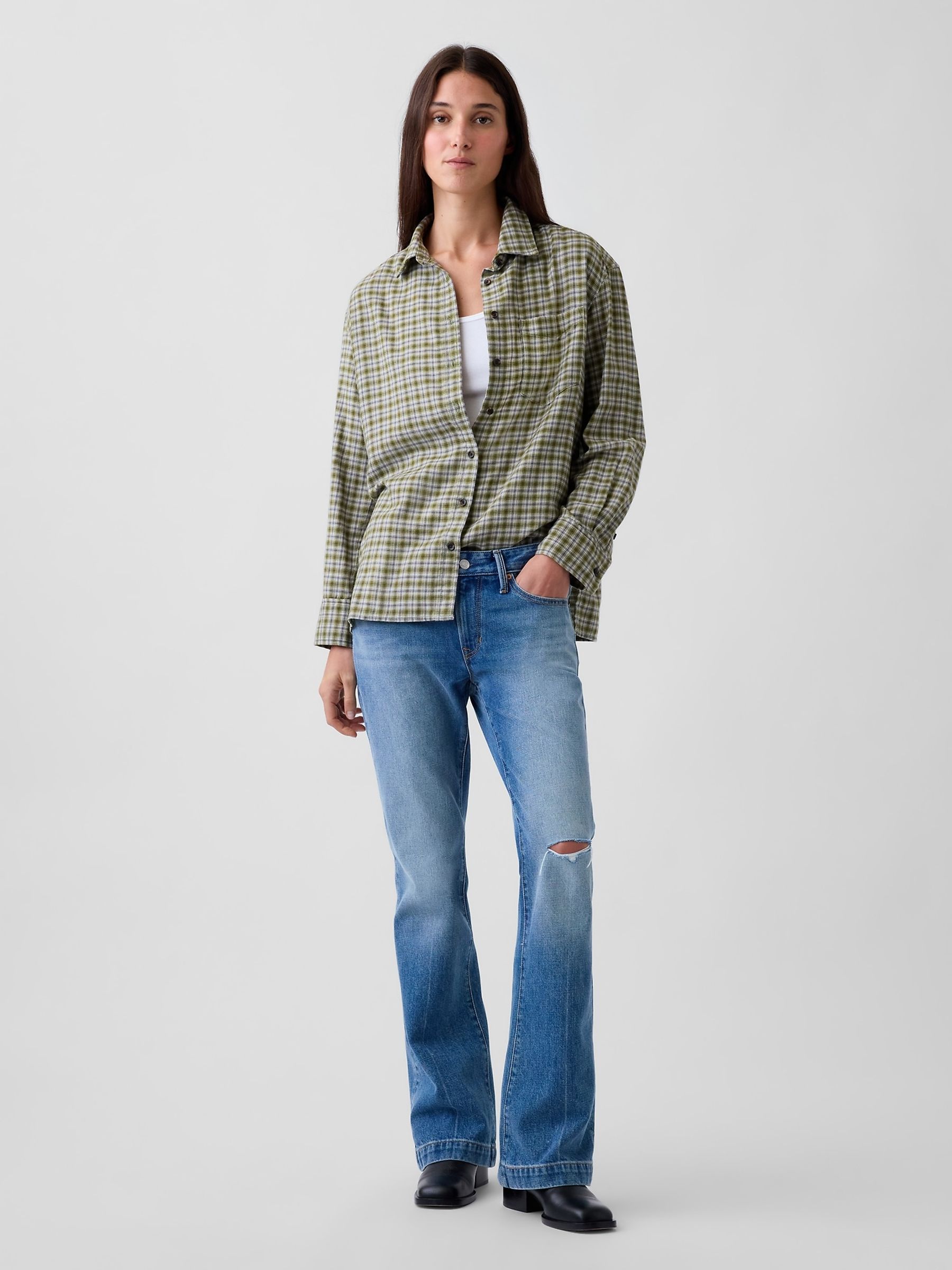 Green Check Oversized Straight-Hem Flannel Shirt - Image 3 of 4