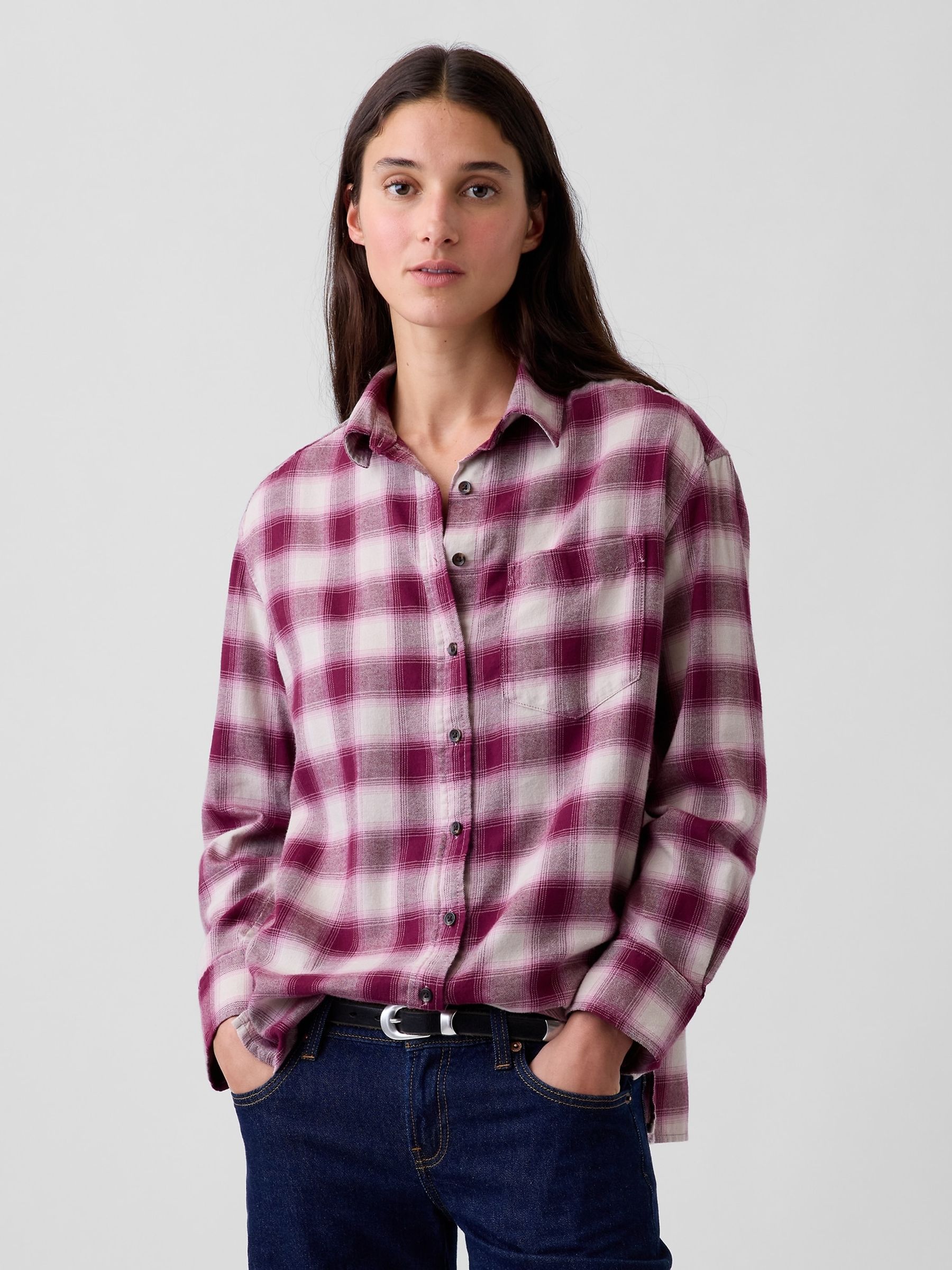 Purple Check Oversized Straight-Hem Flannel Shirt - Image 1 of 4