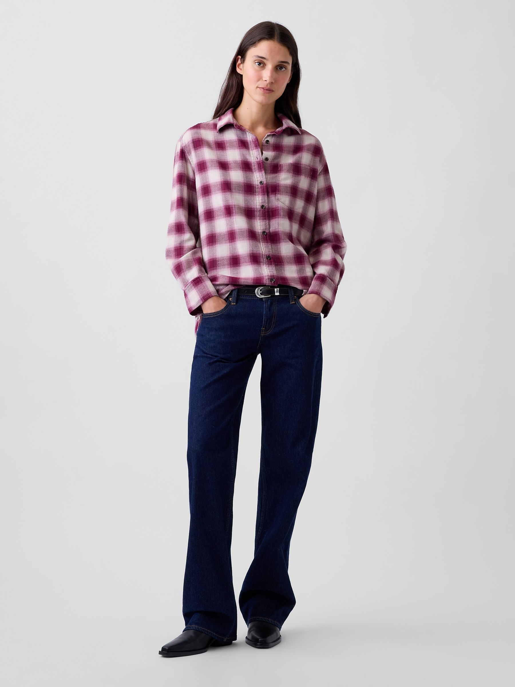 Purple Check Oversized Straight-Hem Flannel Shirt - Image 3 of 4