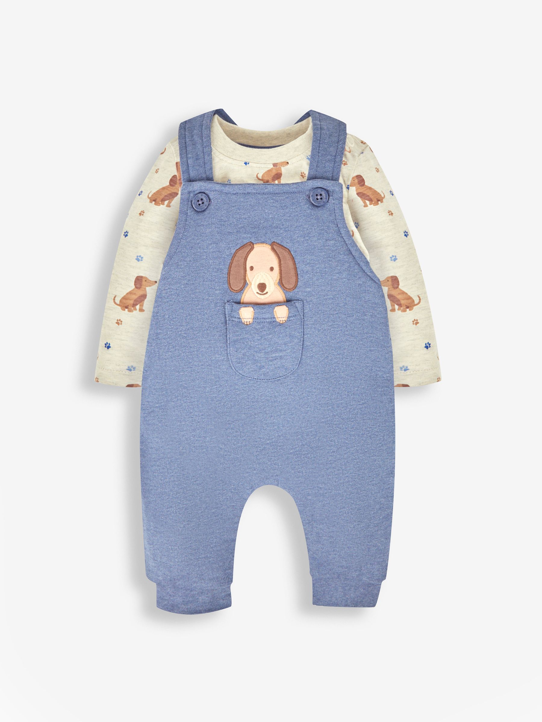 Indigo Blue Sausage Dog Boys' Sausage Dog Appliqué Pocket Dungarees & Top Set - Image 1 of 4