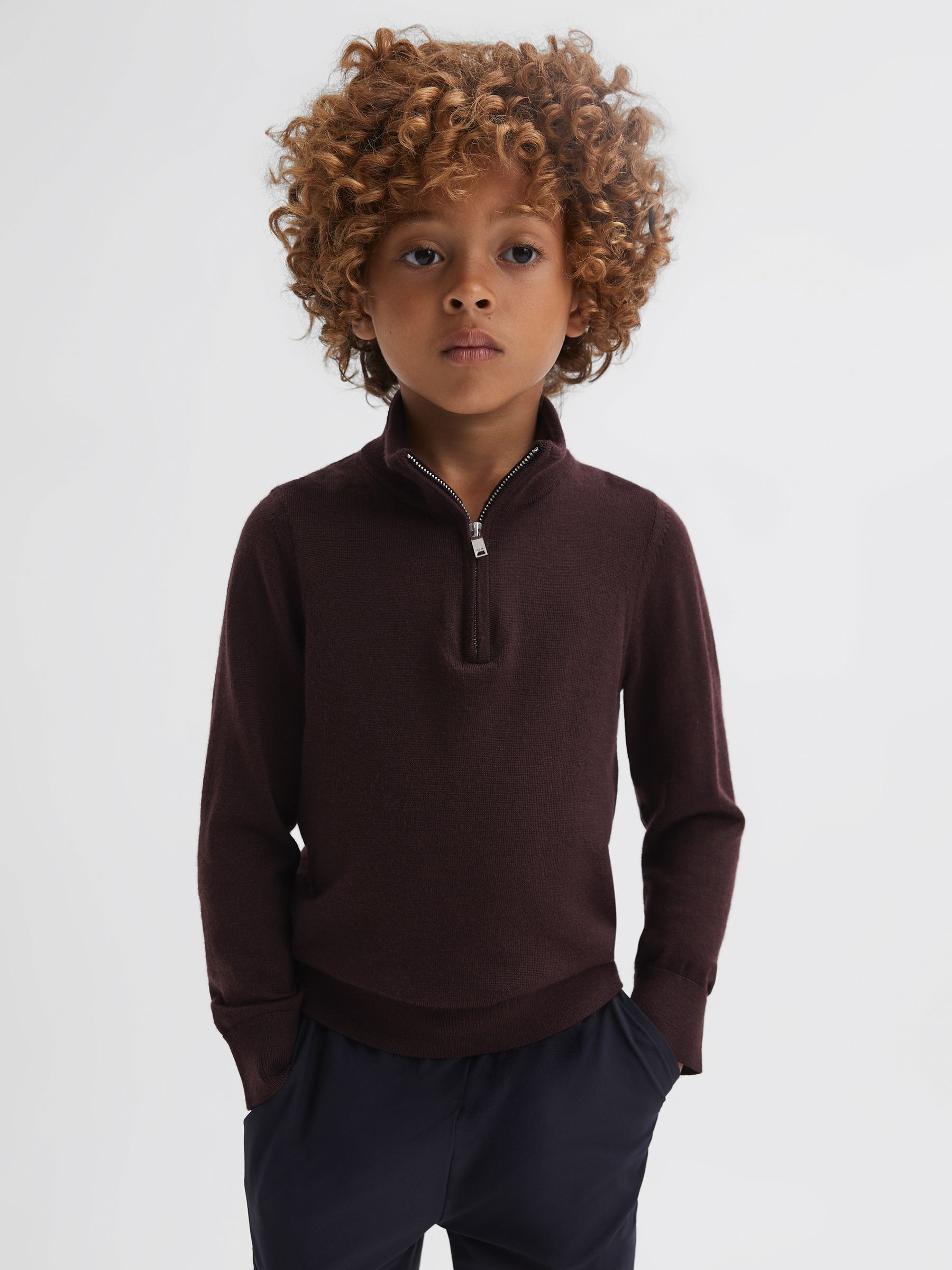 3-9 yrs Quarter Zip Merino Wool Jumper in Bordeaux - Image 1 of 7