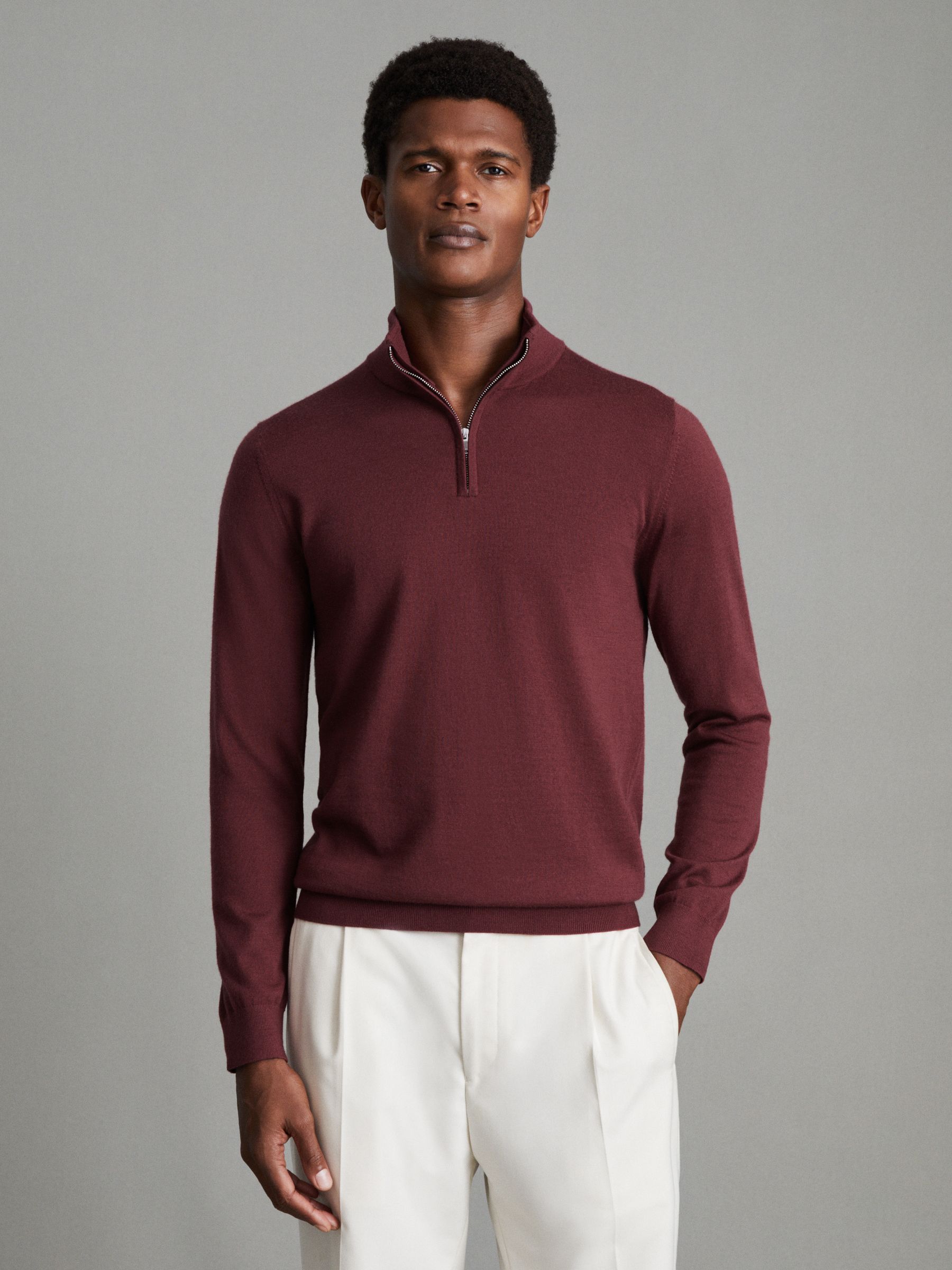 Merino Wool Half Zip Funnel Neck Jumper in Brick Red - Image 1 of 6