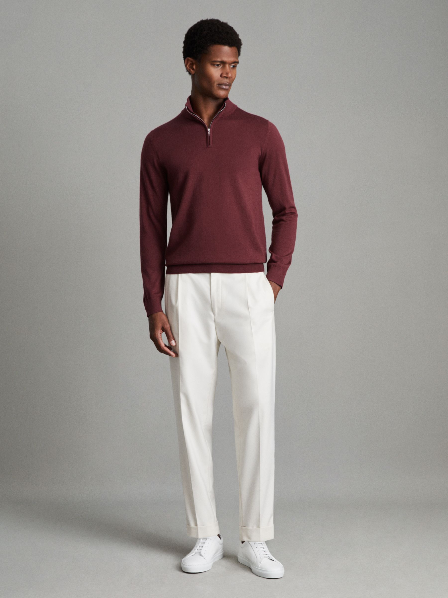 Merino Wool Half Zip Funnel Neck Jumper in Brick Red - Image 3 of 6