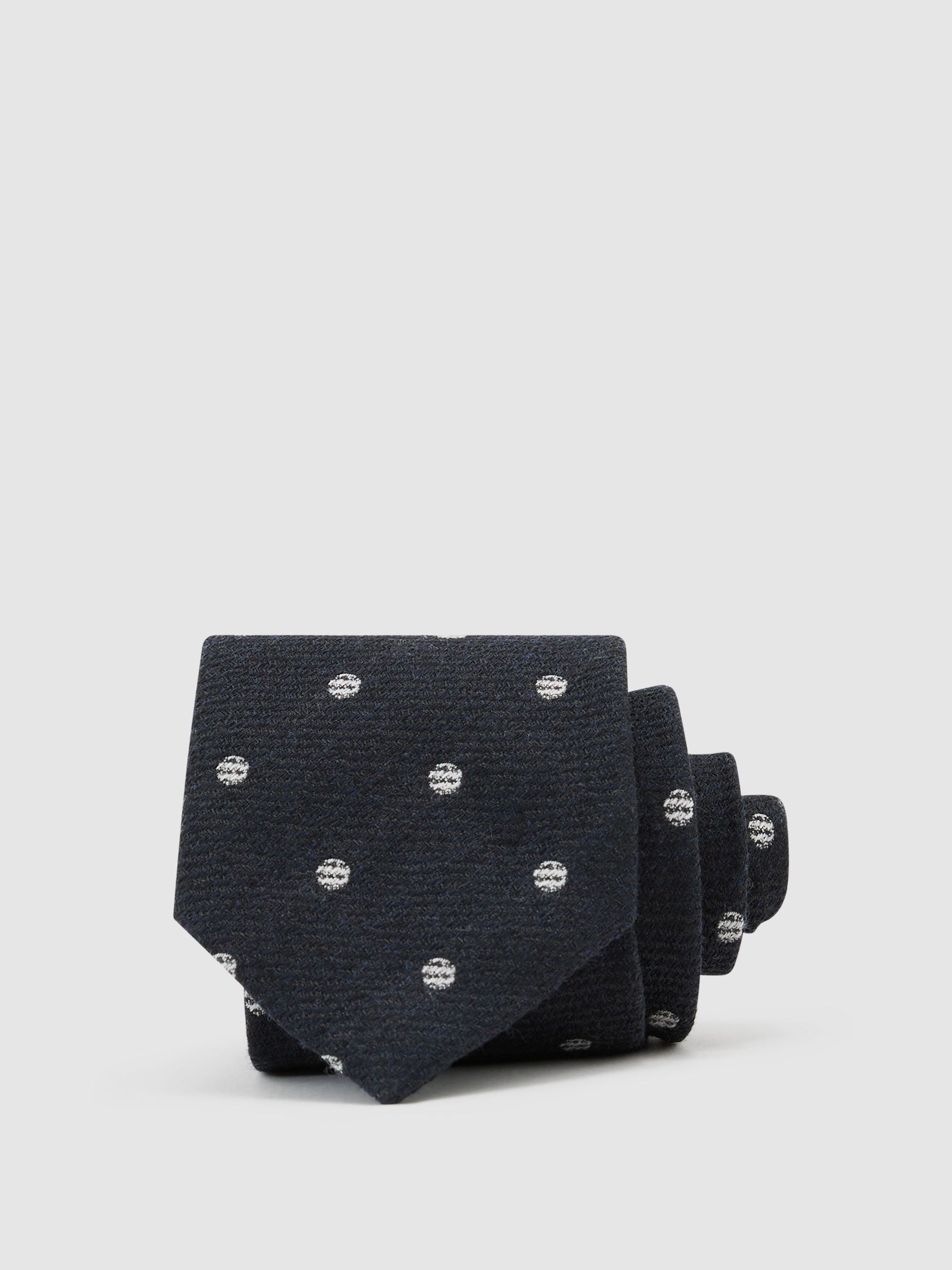 Wool-Silk Textured Polka-Dot Tie in Navy - Image 1 of 5 Wool-Silk Textured Polka-Dot Tie in Navy - Image 1 of 5