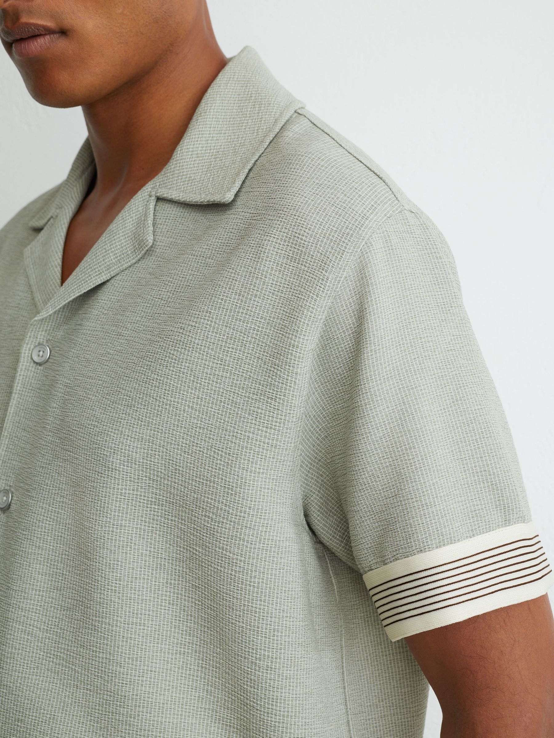 Textured Stripe-Tape Cuban-Collar Shirt in Sage Green - Image 1 of 6