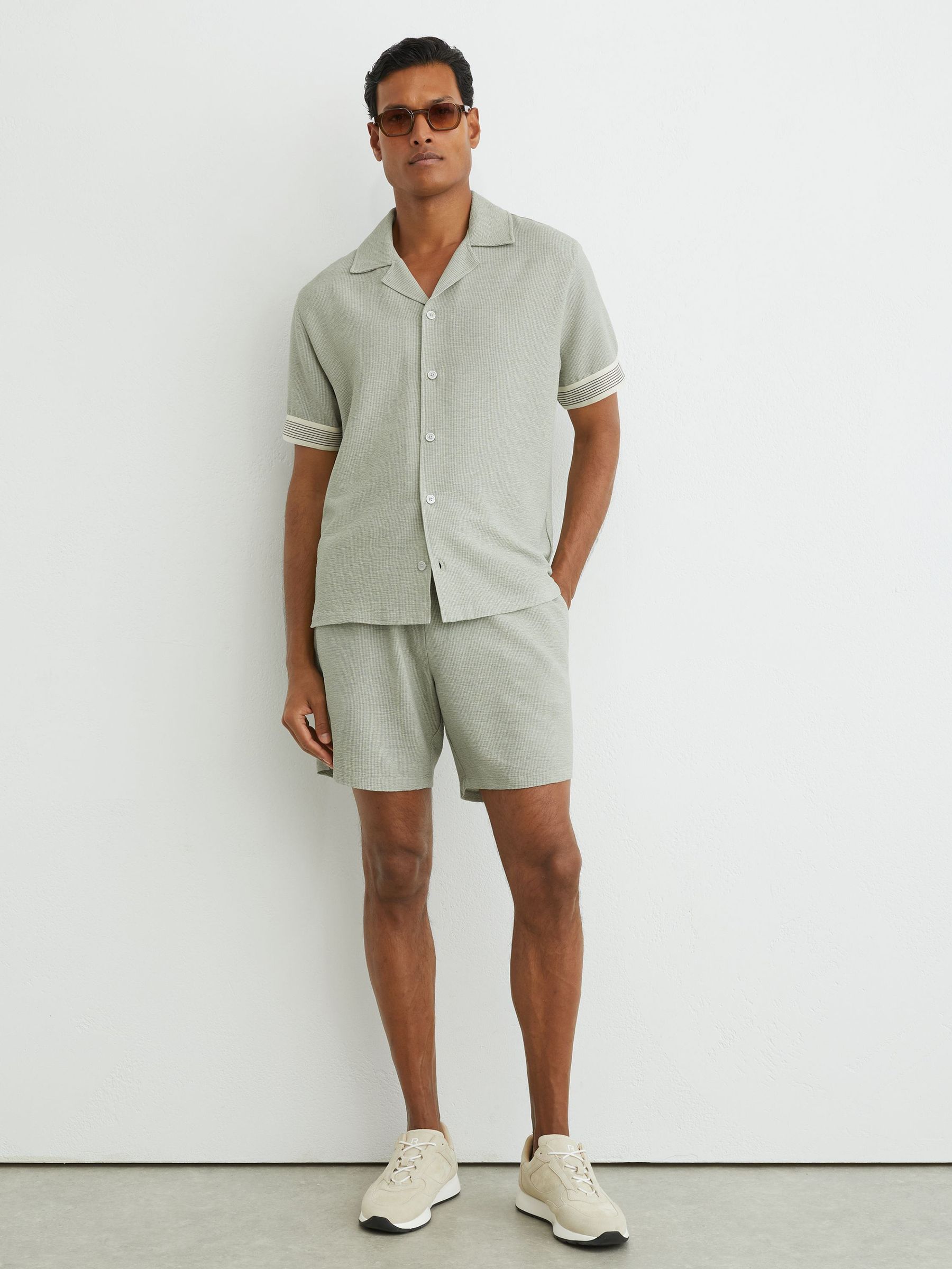 Textured Stripe-Tape Cuban-Collar Shirt in Sage Green - Image 3 of 6