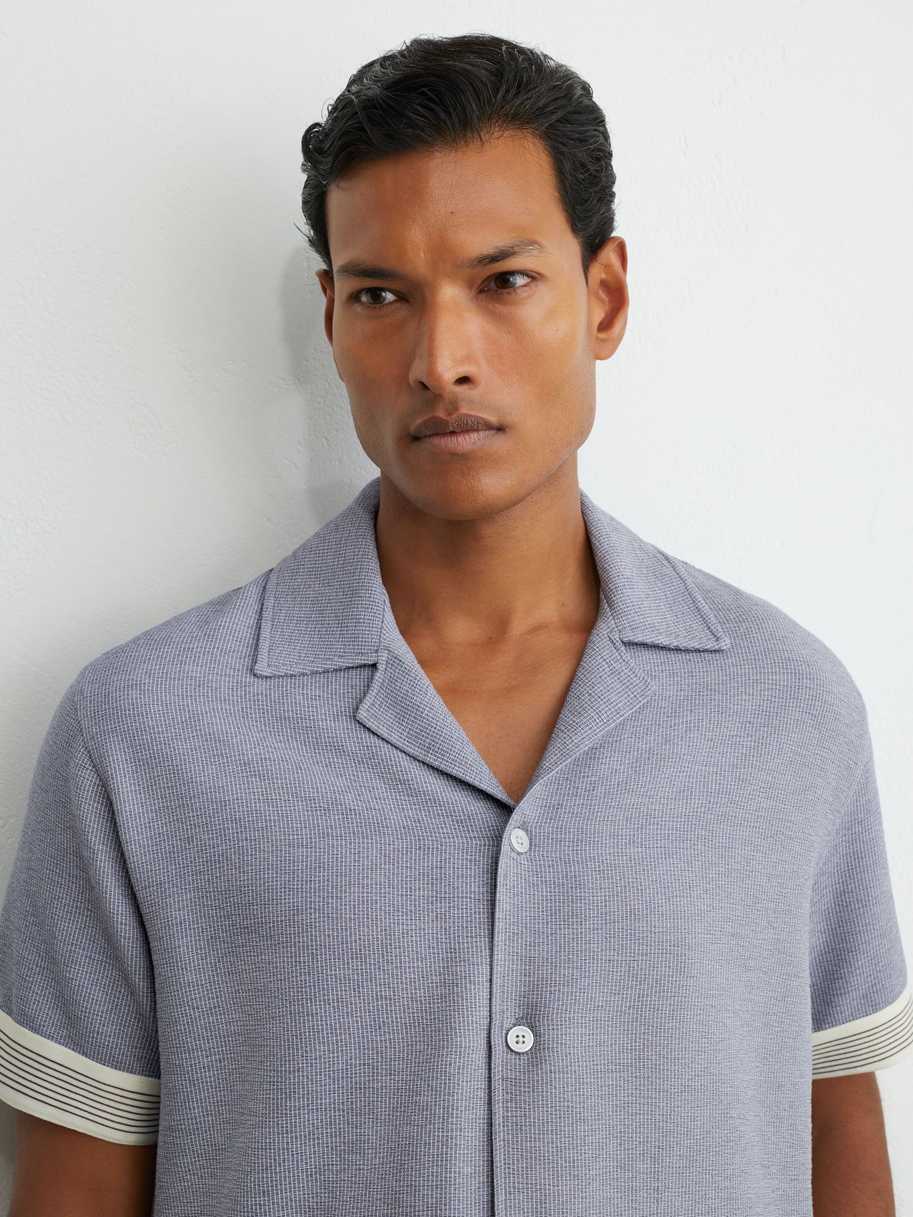 Textured Stripe-Tape Cuban-Collar Shirt in Airforce Blue - Bild 1 av 6