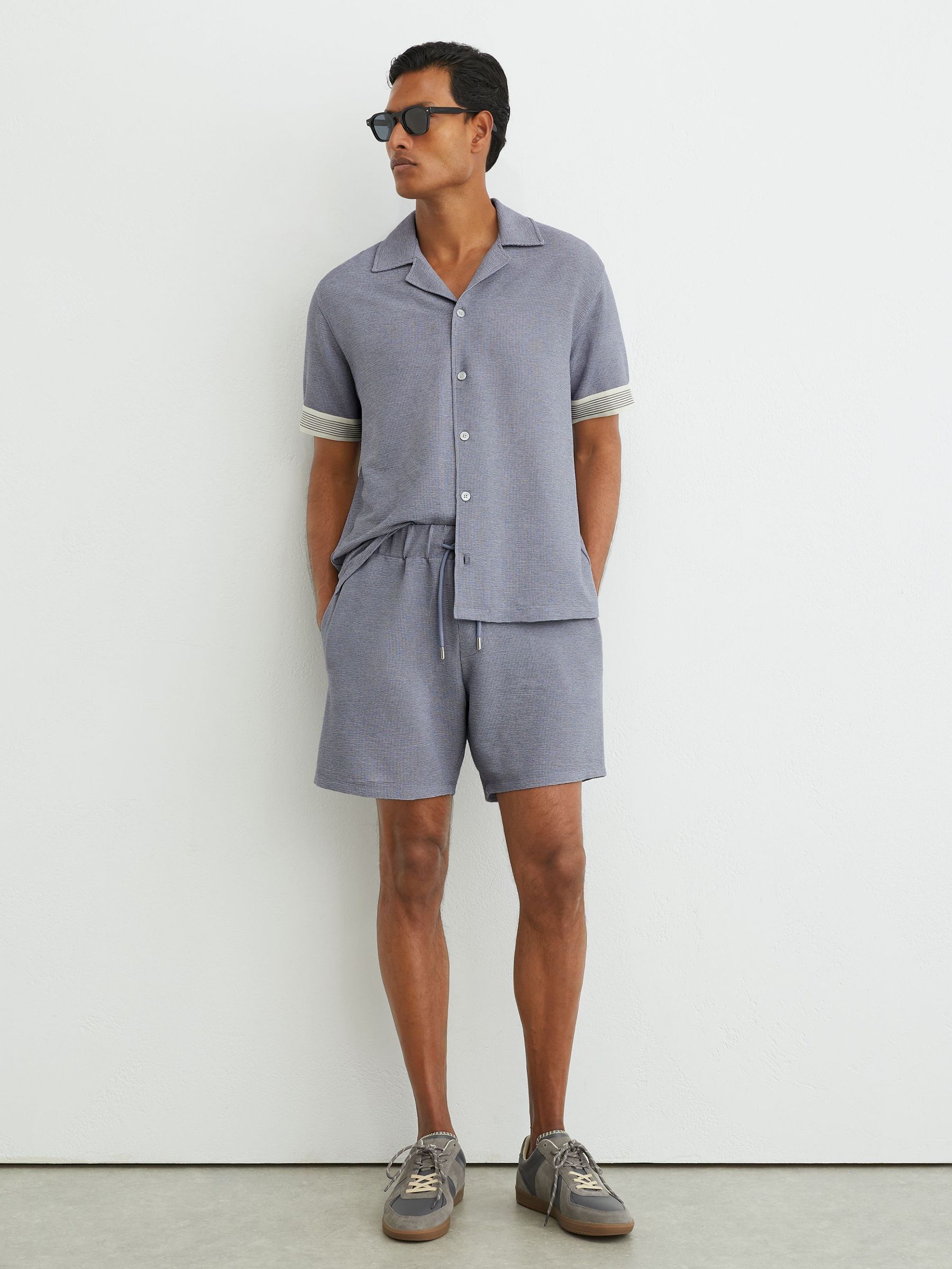 Textured Stripe-Tape Cuban-Collar Shirt in Airforce Blue - Bild 3 av 6