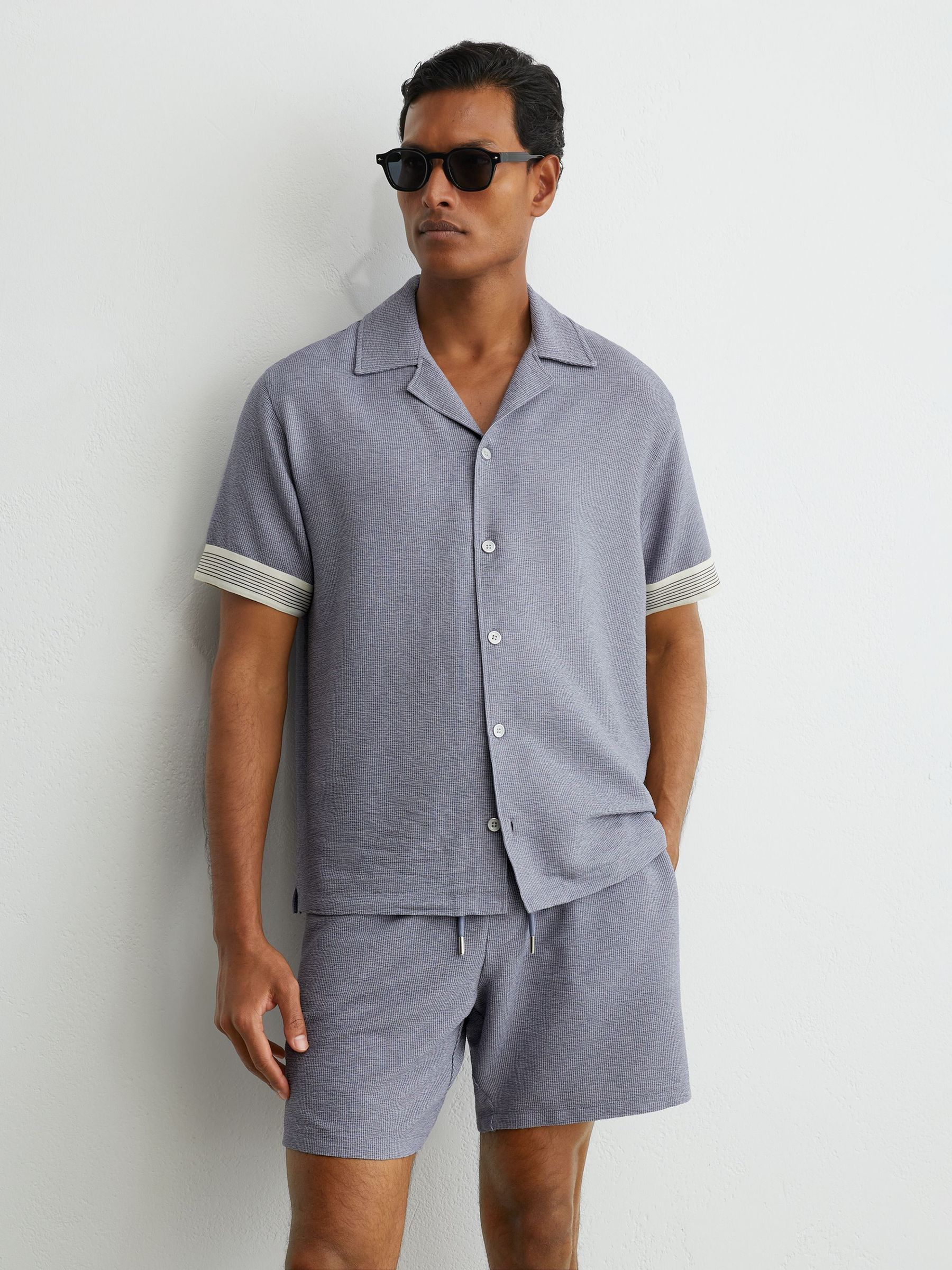 Textured Stripe-Tape Cuban-Collar Shirt in Airforce Blue - Bild 4 av 6