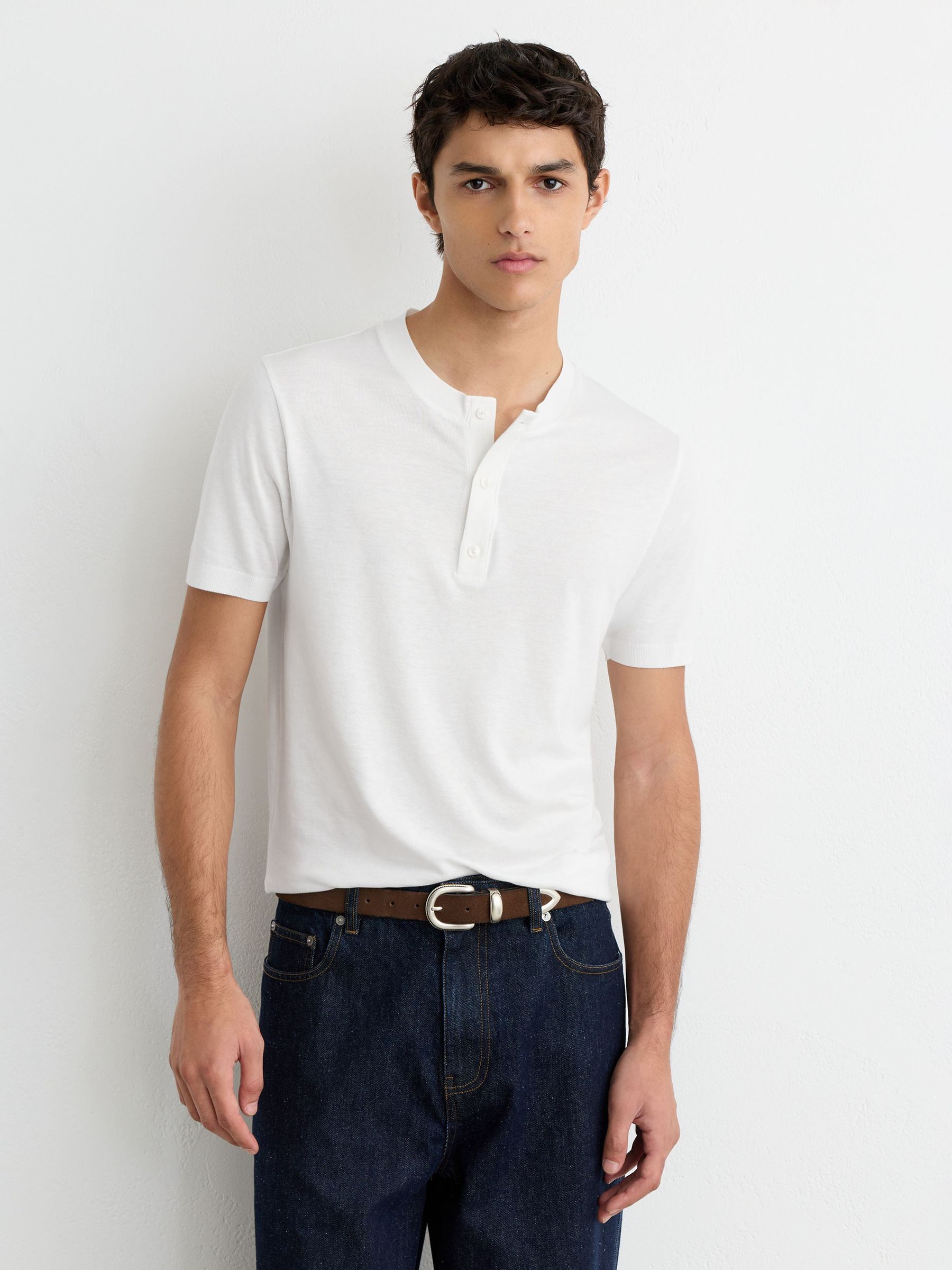 Cotton-Modal Tailored-Fit Henley T-Shirt in White - Image 1 of 7