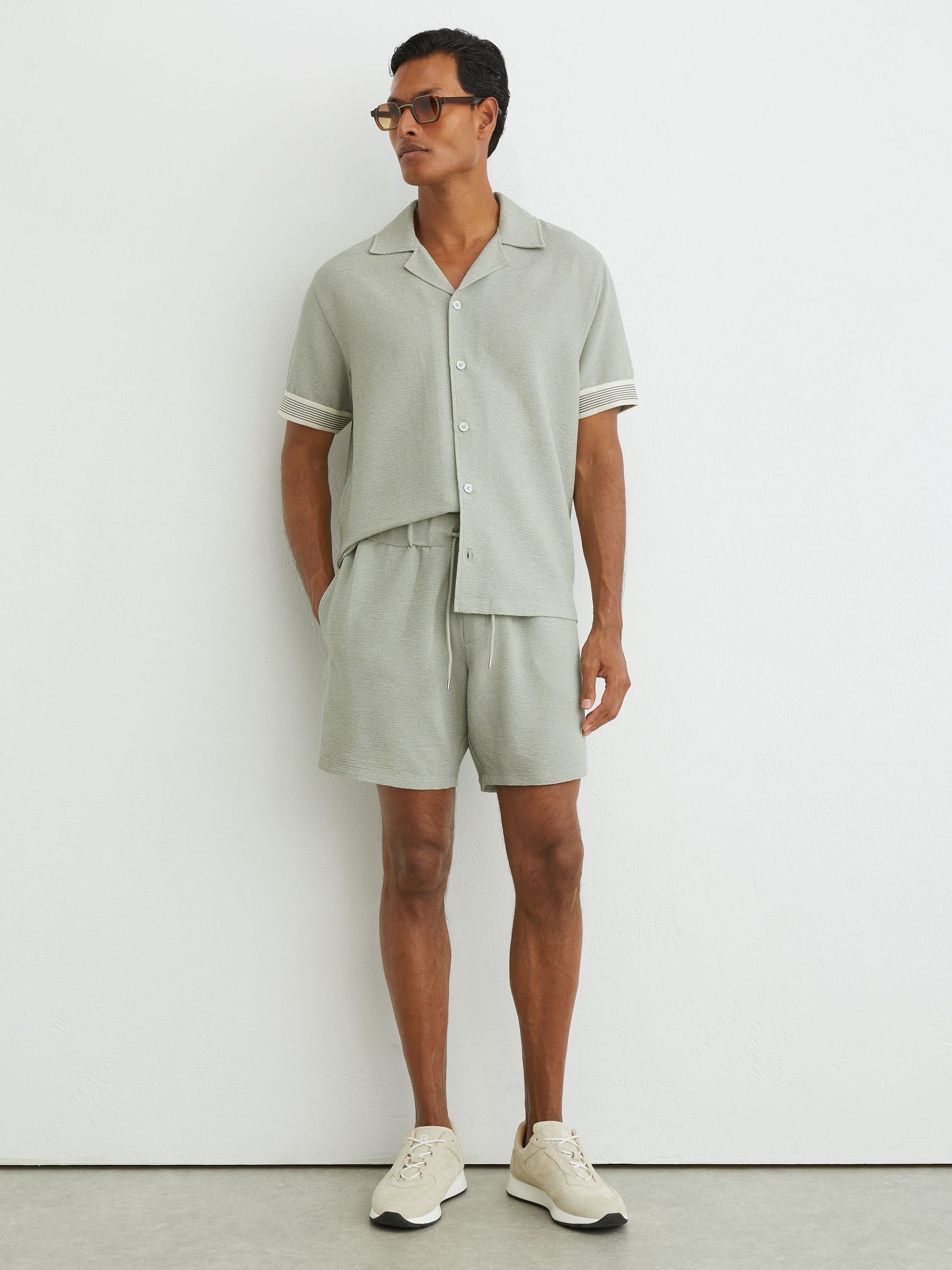 Textured Stripe Drawstring Shorts in Sage Green - Image 3 of 6