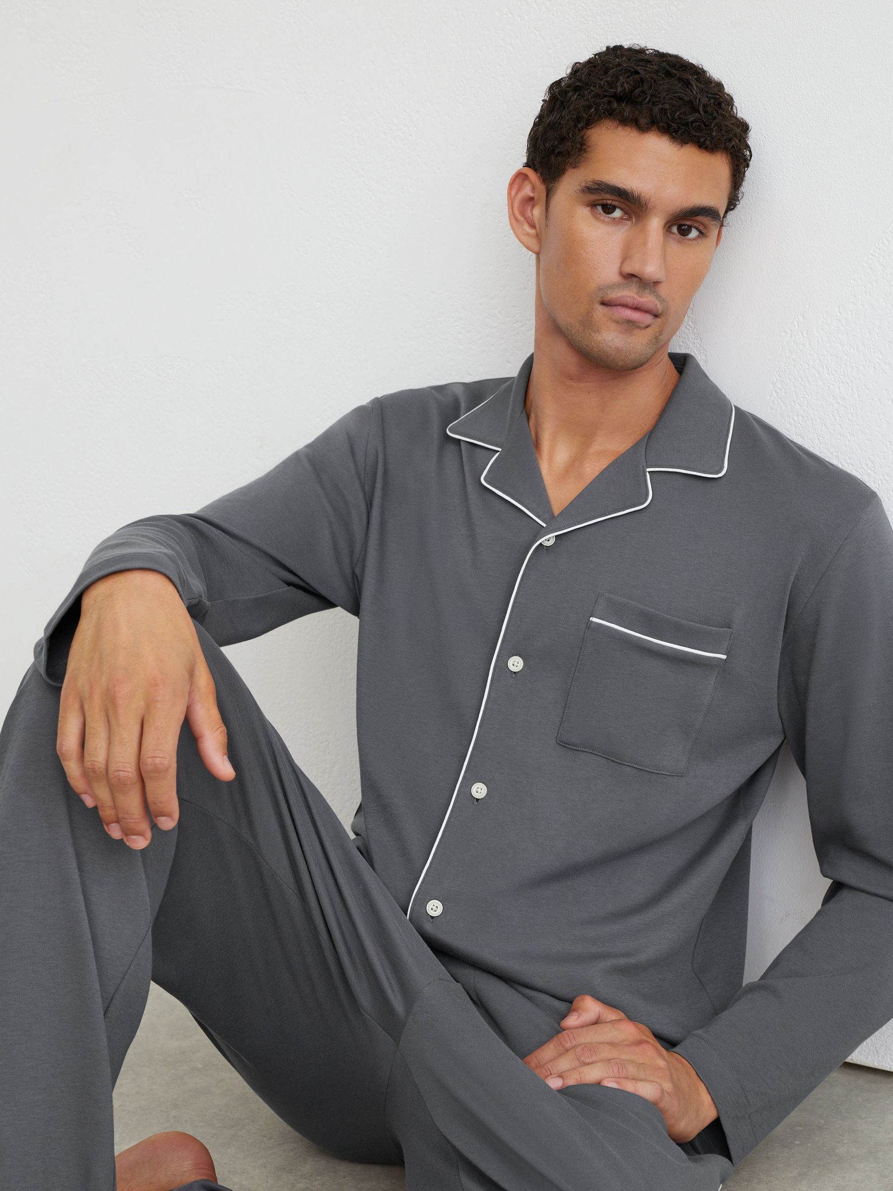 Cotton Jersey Piped Pyjama Set in Light Charcoal Grey - Image 1 of 7