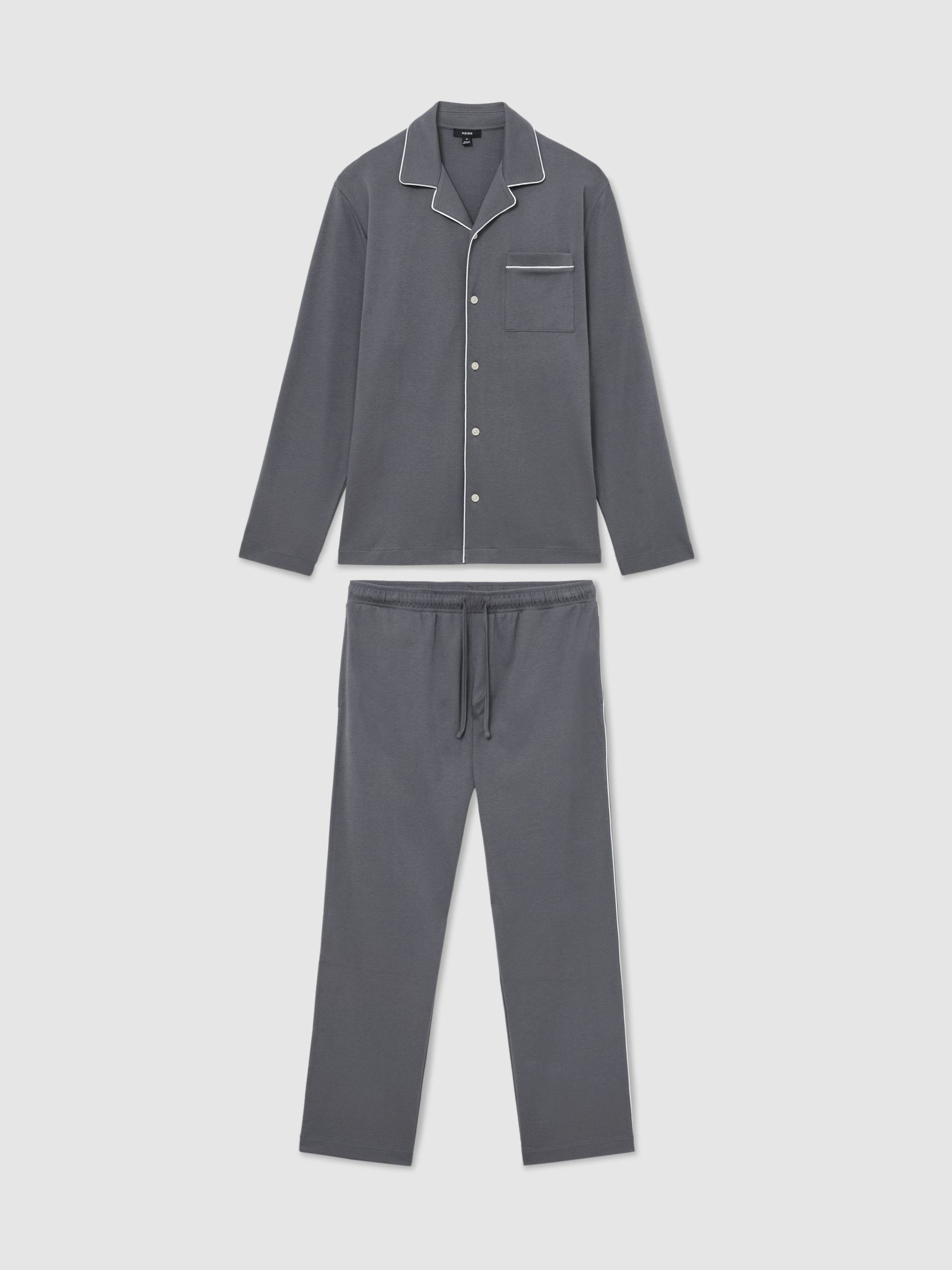 Cotton Jersey Piped Pyjama Set in Light Charcoal Grey - Image 2 of 7