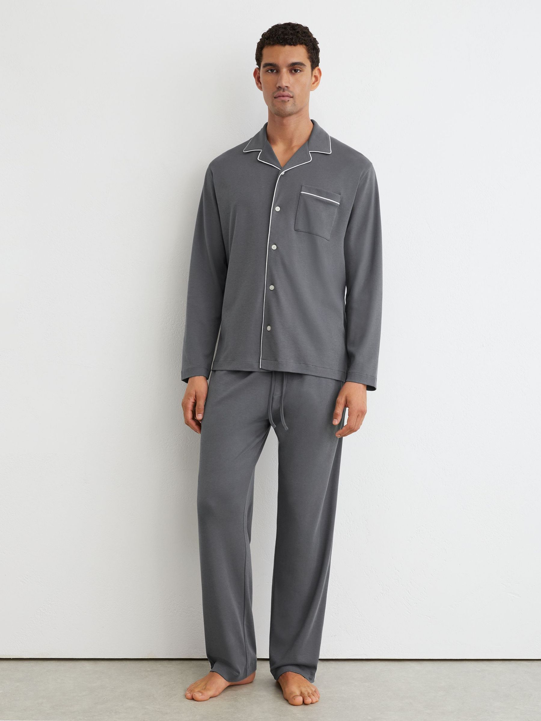 Cotton Jersey Piped Pyjama Set in Light Charcoal Grey - Image 3 of 7
