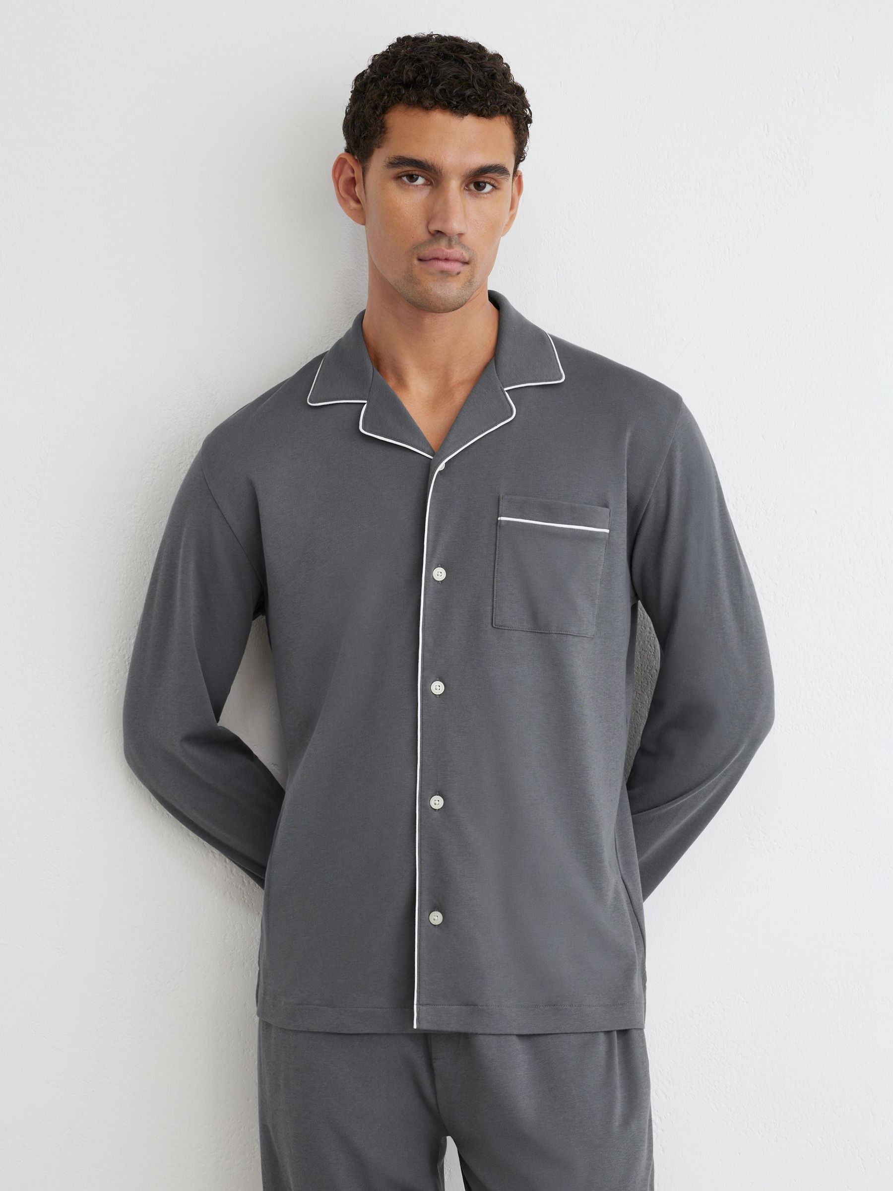 Cotton Jersey Piped Pyjama Set in Light Charcoal Grey - Image 4 of 7